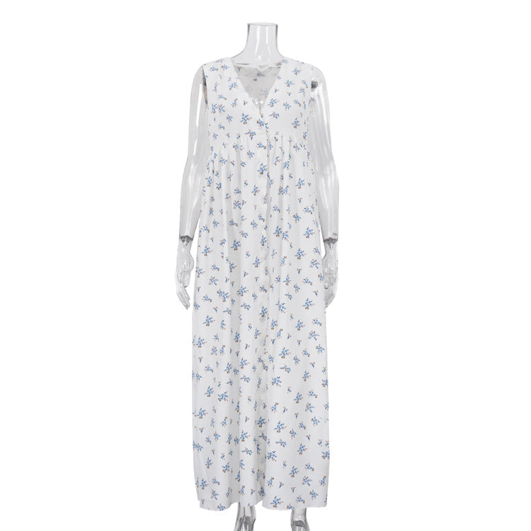 Print Single Breasted Vest Dress Summer Women Clothing V neck Sleeveless High Waist Maxi Dress