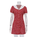 Elegant French Print Short Dress Women Polo Collar Short Sleeve Waist Controlled Floral Dress