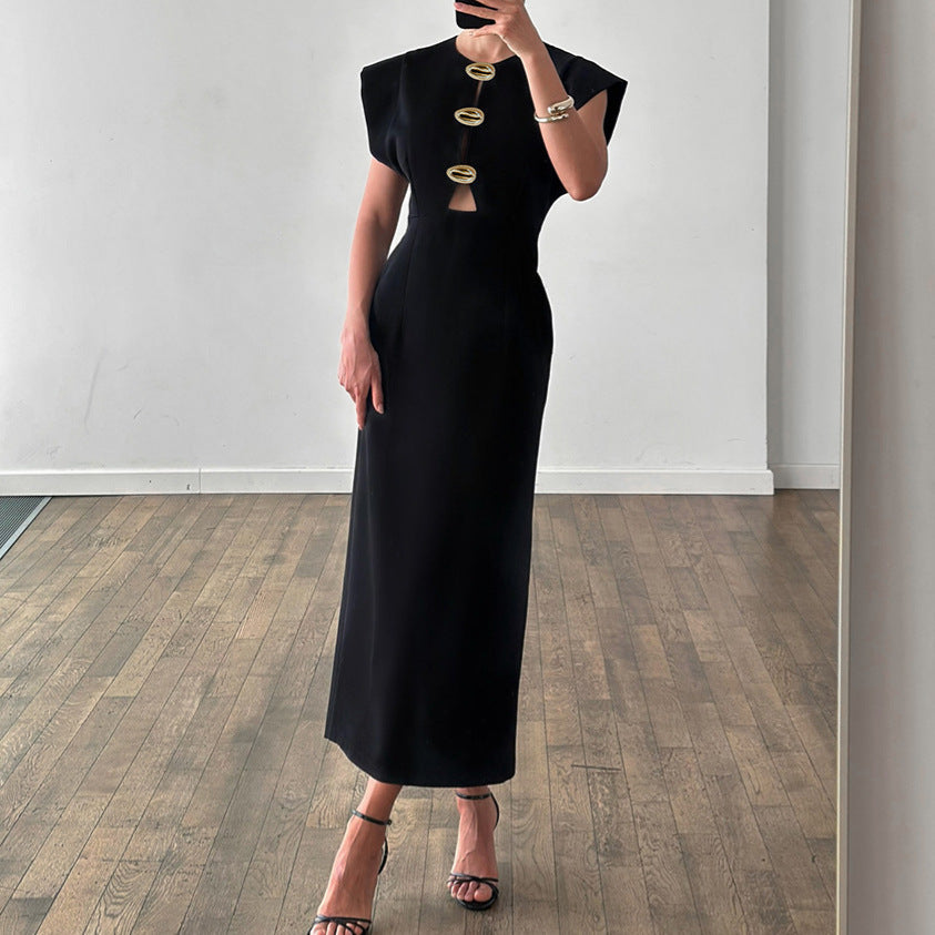 Summer Women Clothing Black Design Tight Waist Hollow Out Cutout Commuting Elegant Dress