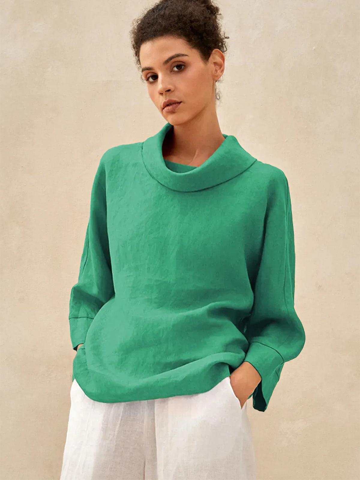 100% Linen Dropped Collar Long-Sleeve Top TRISTAN