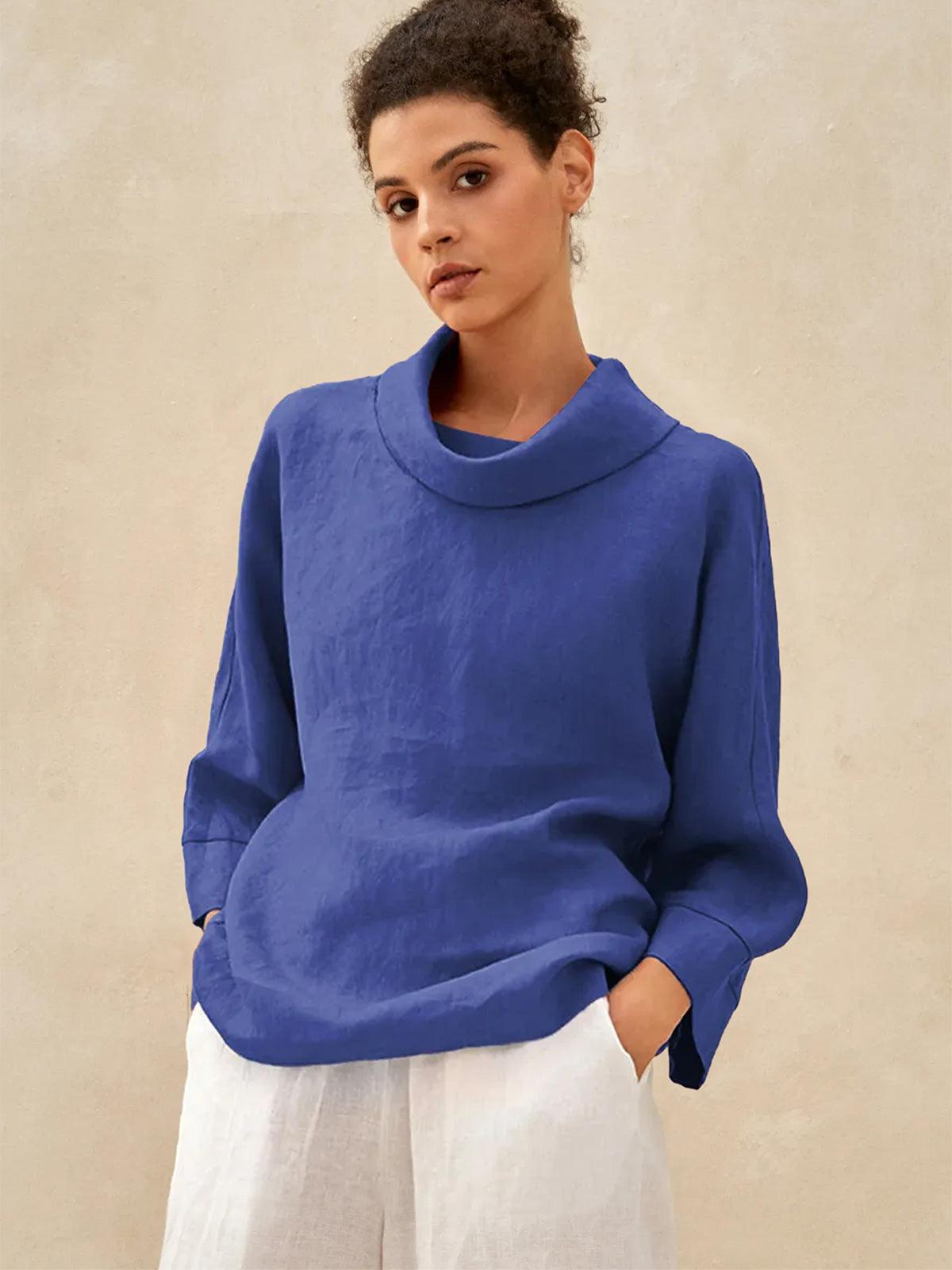 100% Linen Dropped Collar Long-Sleeve Top TRISTAN