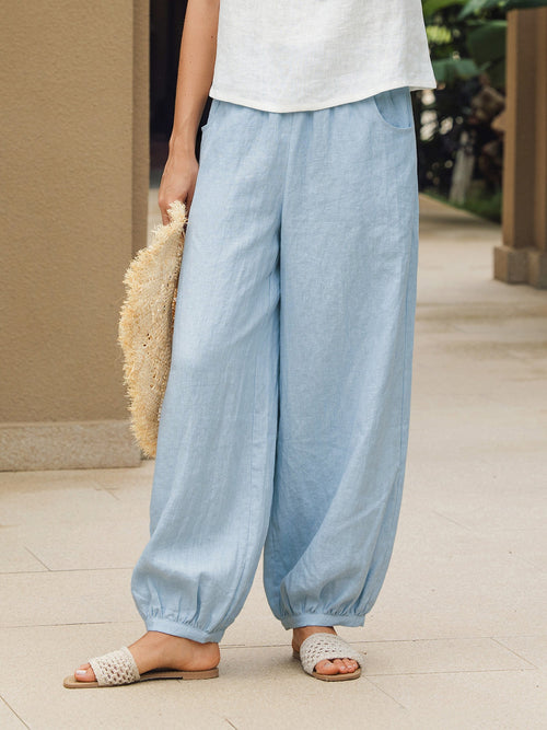 100% Linen Broad Elastic Waistband Pants TALIA