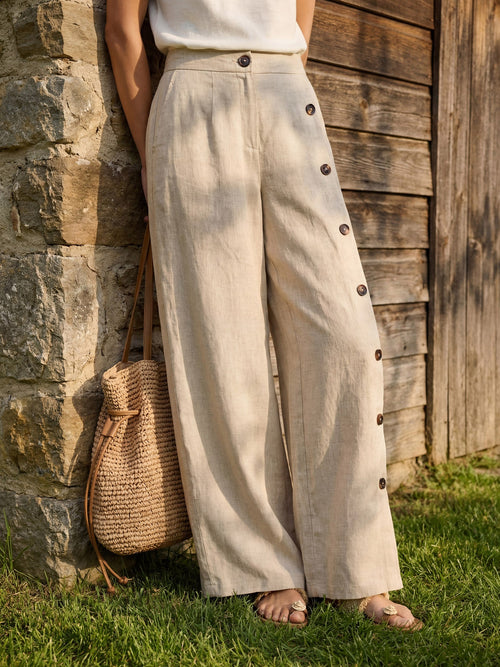 100% Linen Buttoned Slit-Hem Pants KATYA