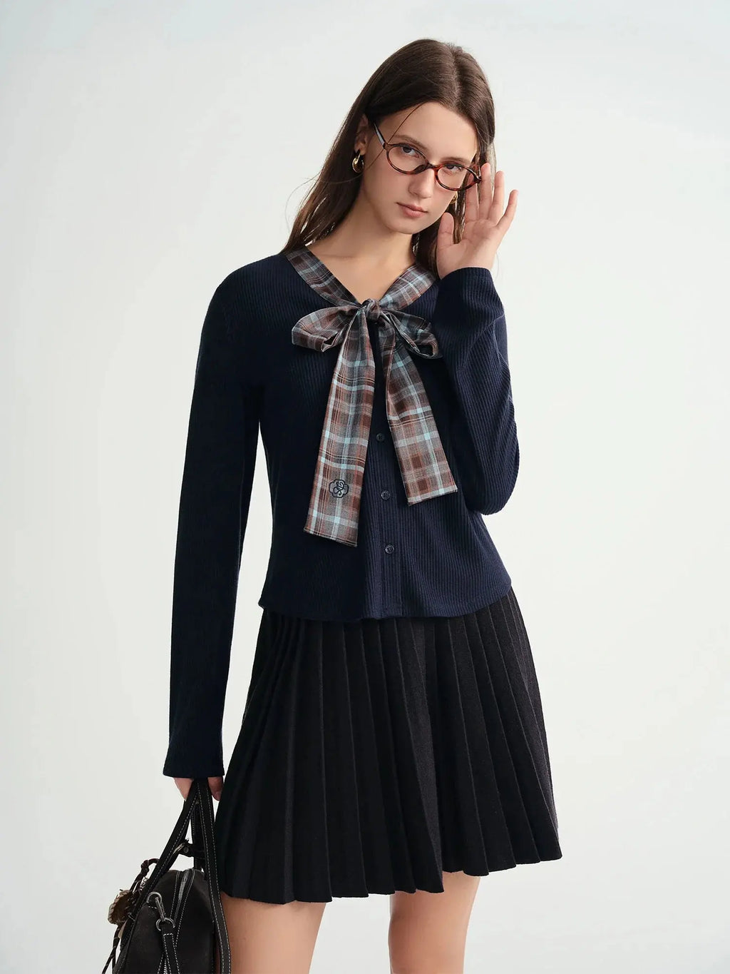 Women's Autumn/Winter Tartan Print Knit Coatigan with Tie Collar
