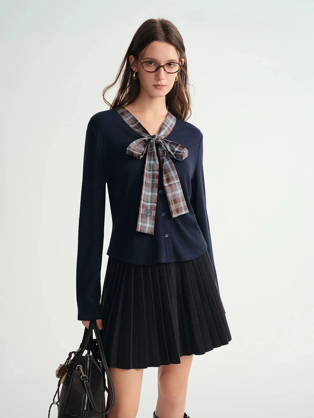 Women's Autumn/Winter Tartan Print Knit Coatigan with Tie Collar