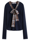 Women's Autumn/Winter Tartan Print Knit Coatigan with Tie Collar