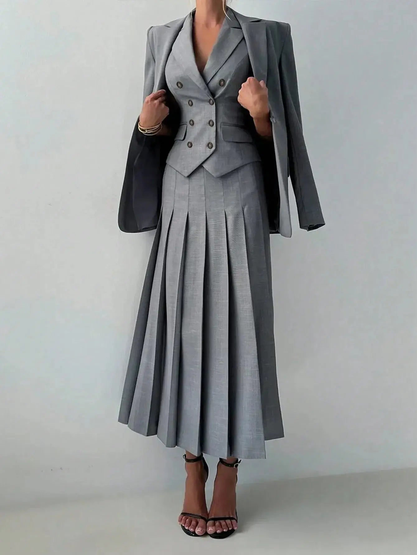 3-Piece Women's Business Suit: Vest, Pleated Skirt & Jacket