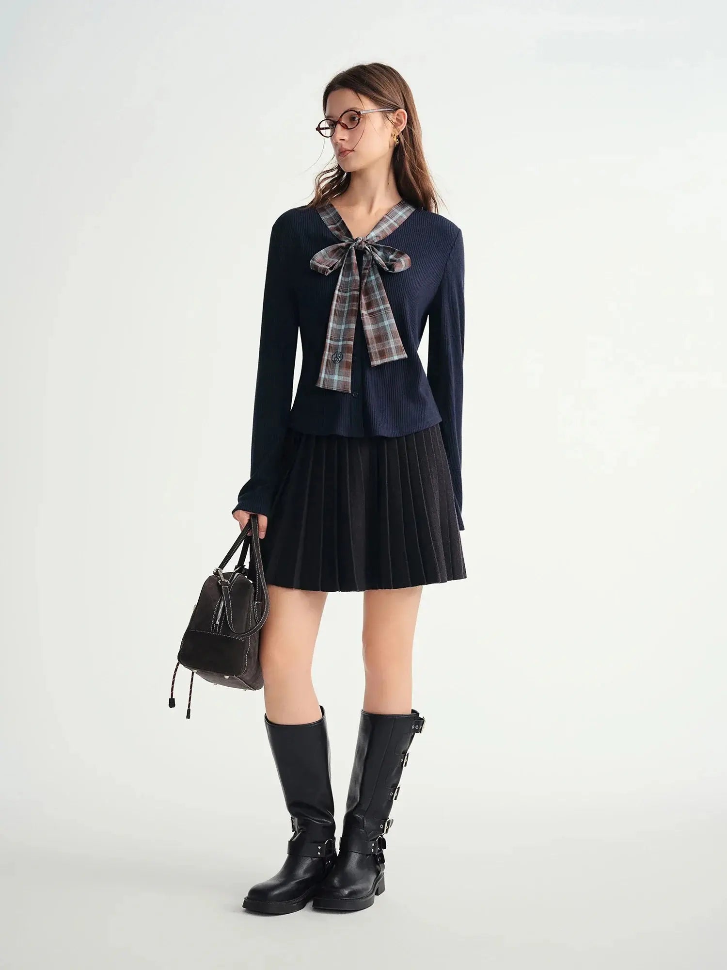 Women's Autumn/Winter Tartan Print Knit Coatigan with Tie Collar