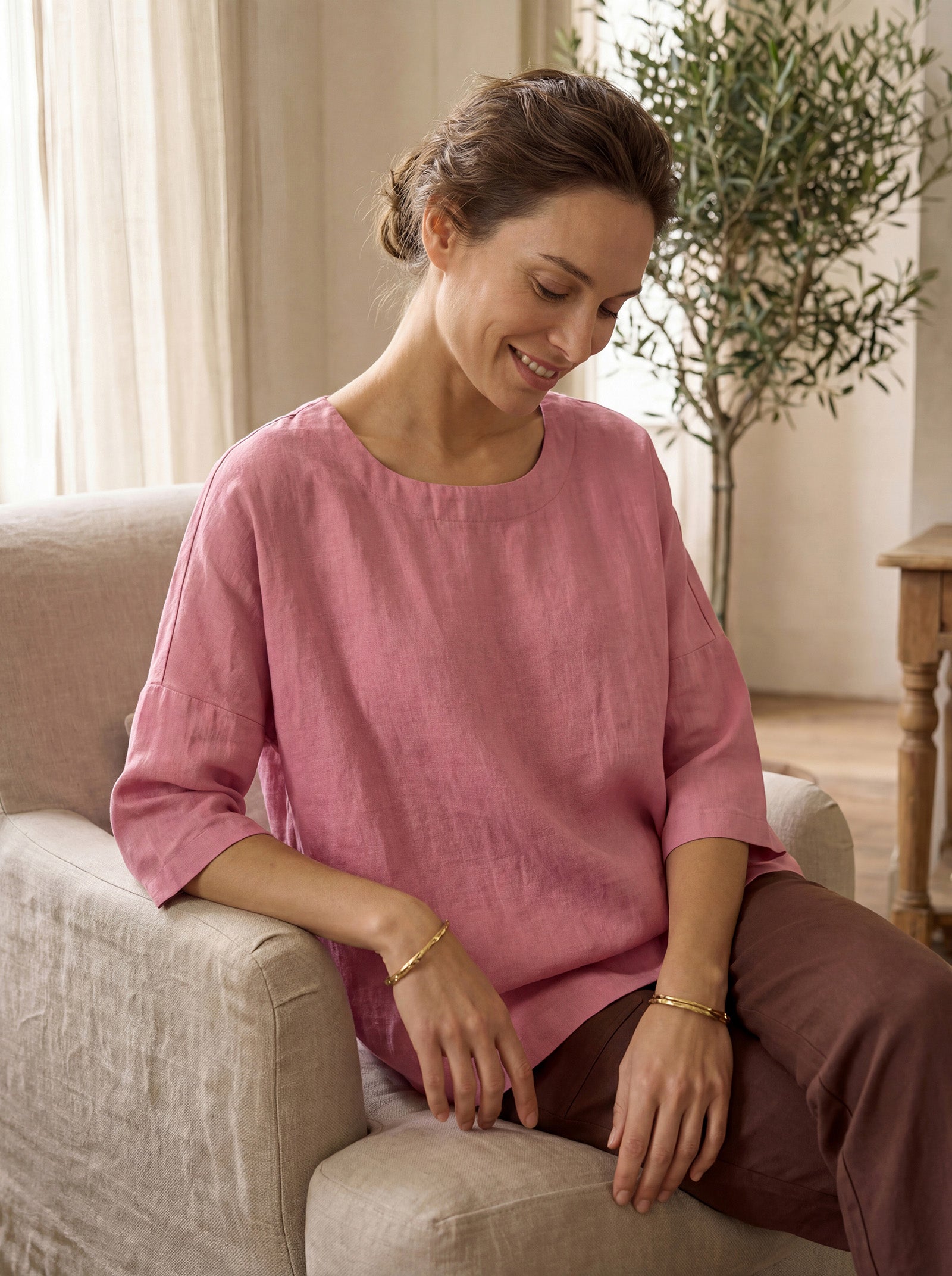 100% Linen Boatneck 3/4 Length Sleeve Top AURORA