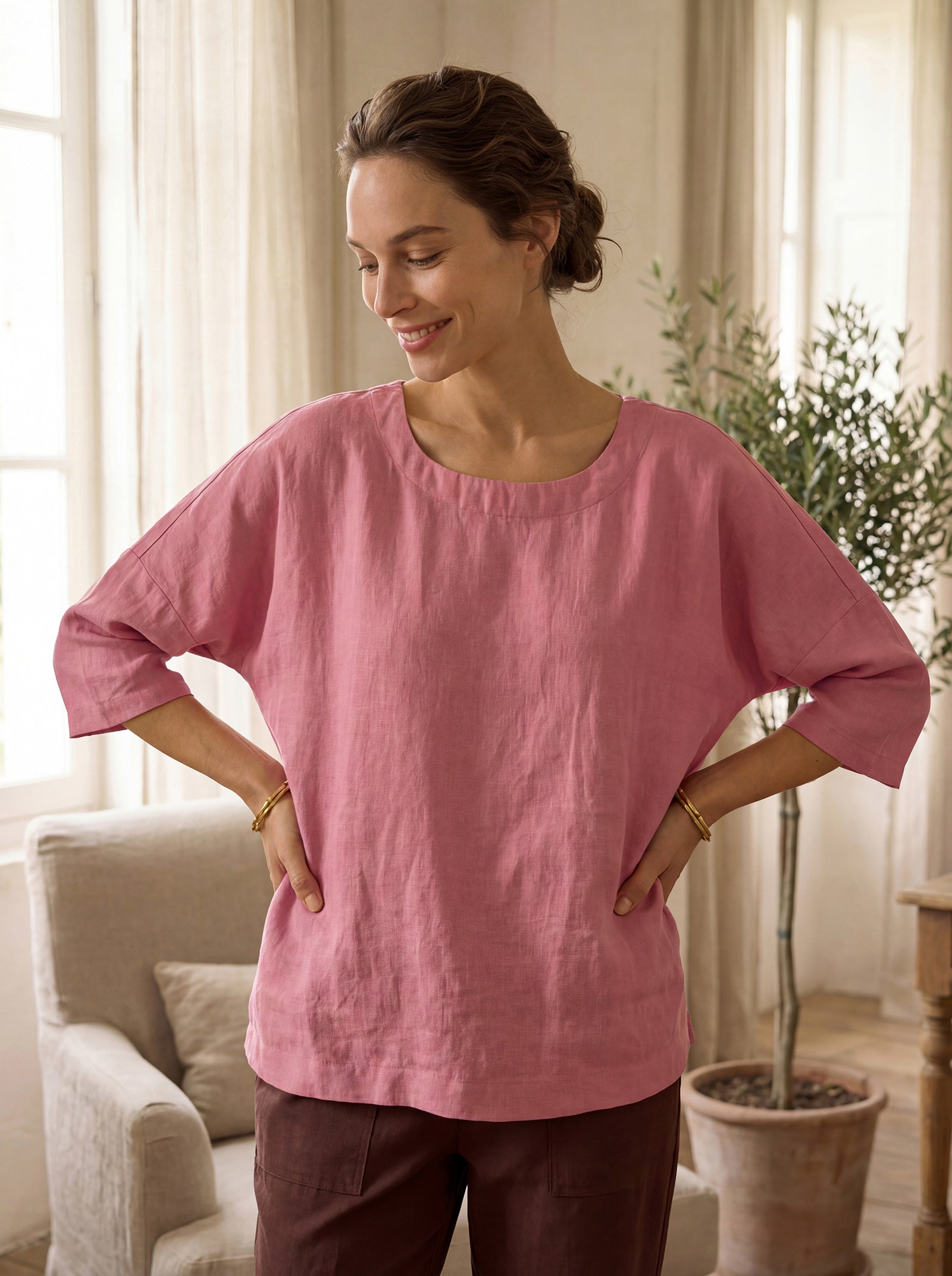 100% Linen Boatneck 3/4 Length Sleeve Top AURORA