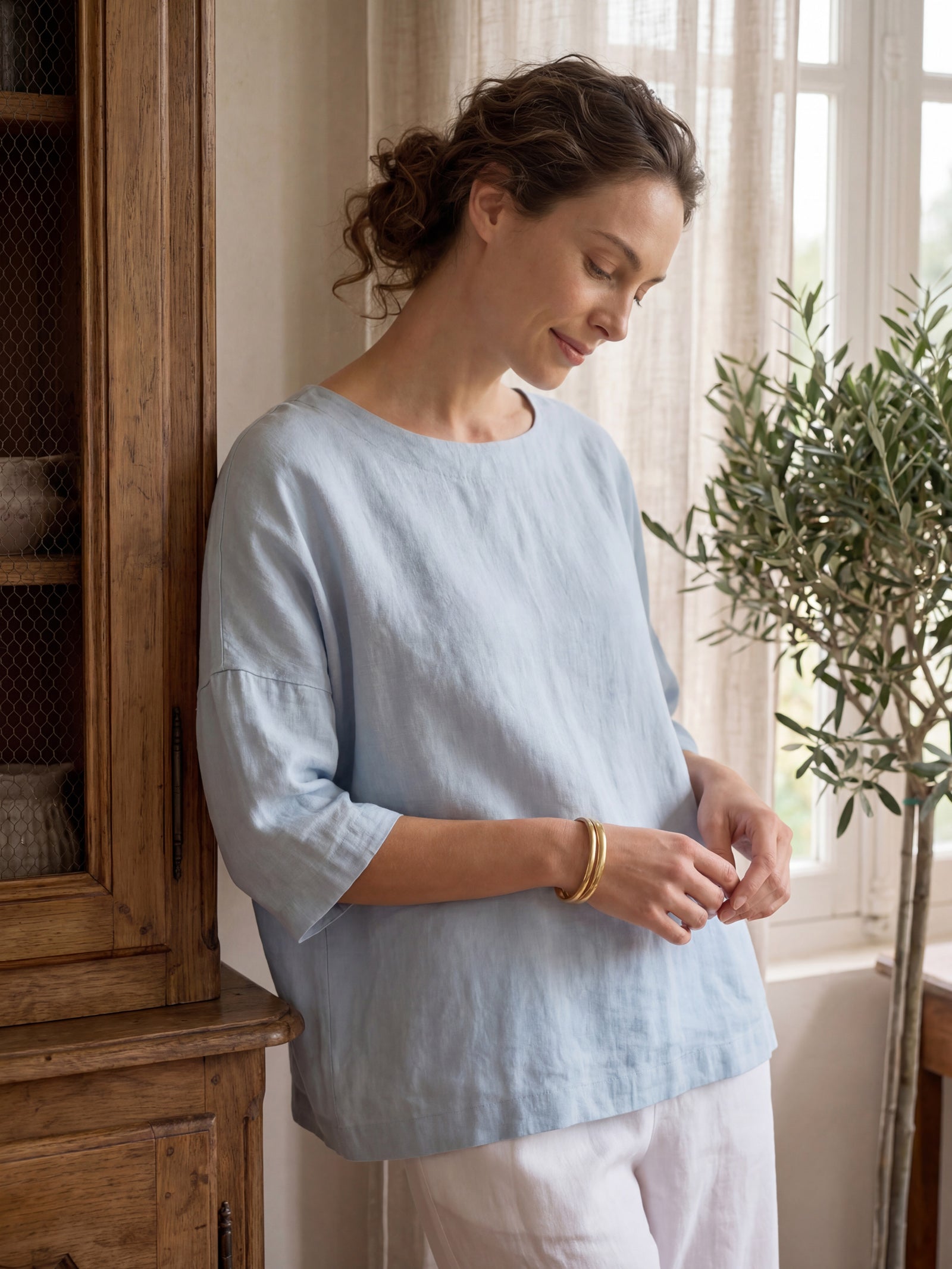 100% Linen Boatneck 3/4 Length Sleeve Top AURORA