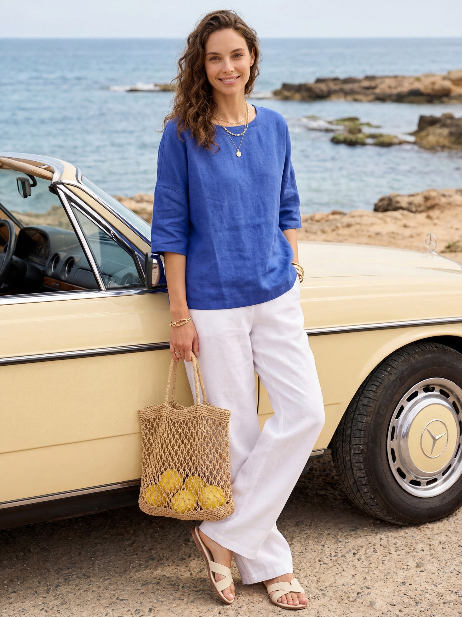 100% Linen Boatneck 3/4 Length Sleeve Top AURORA