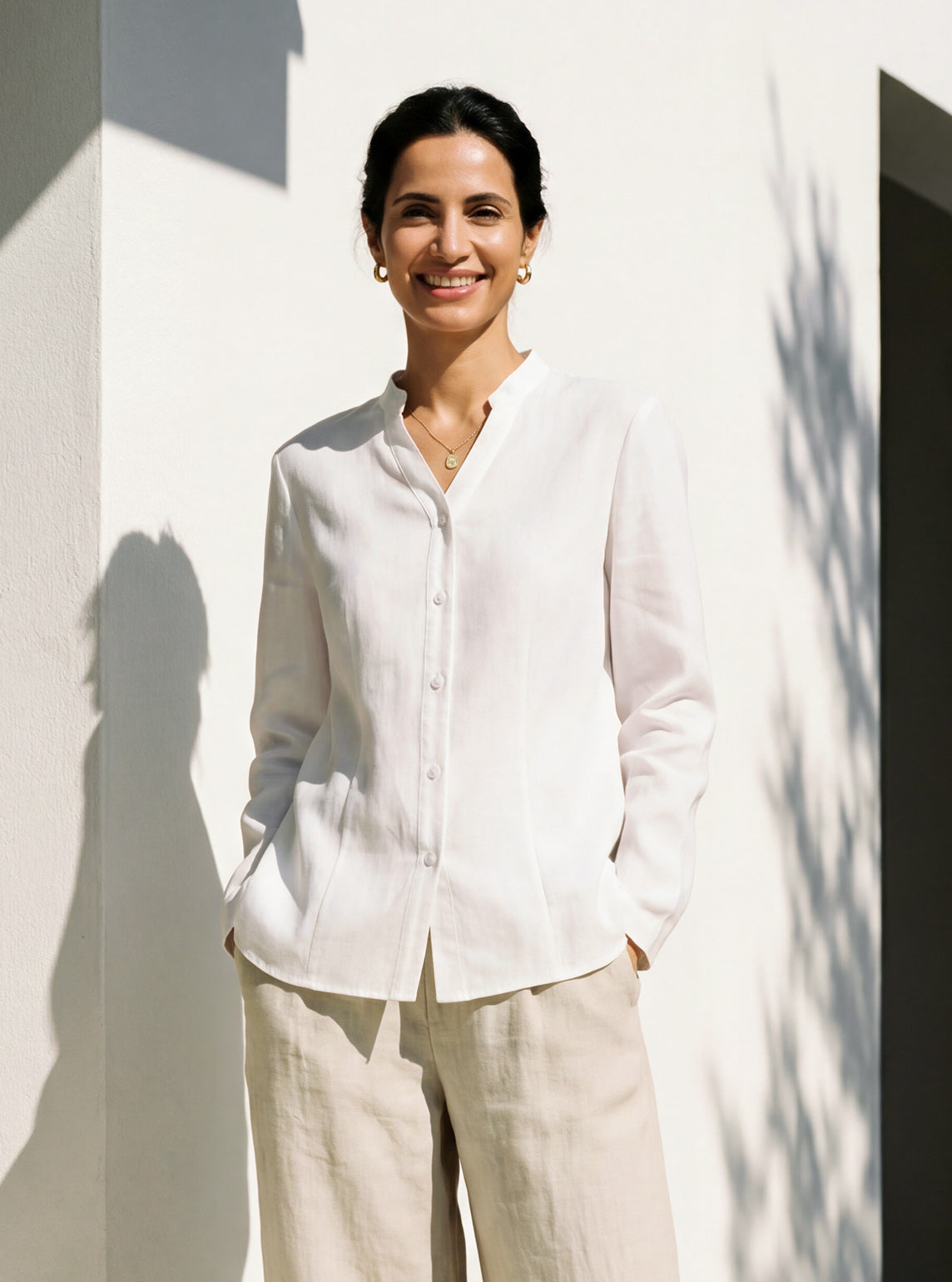 Linen-Lyocell Mandarin Collar Fitted Seam Shirt THORA