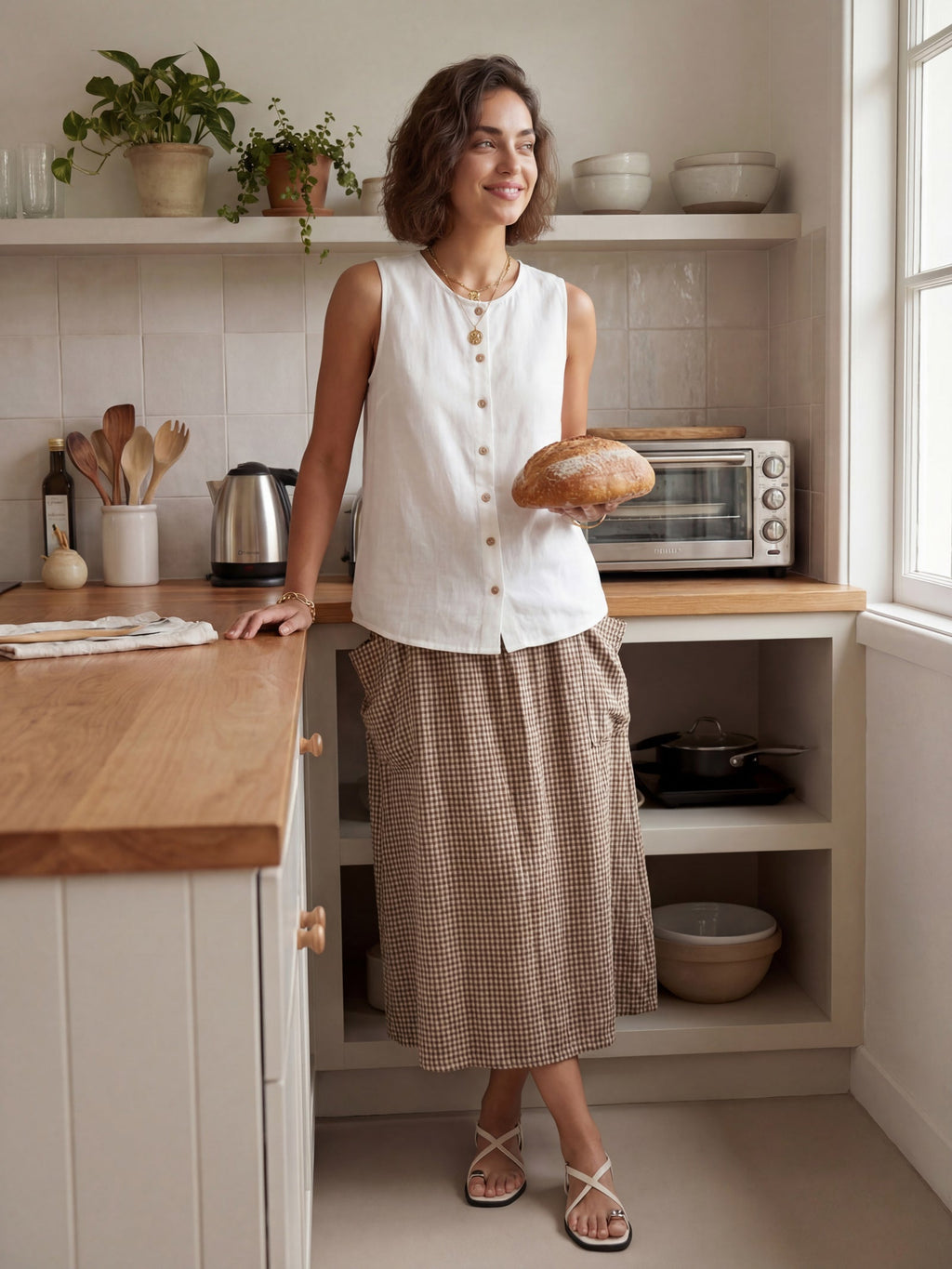 Linen Checked Elastic Waist Skirt MARINA