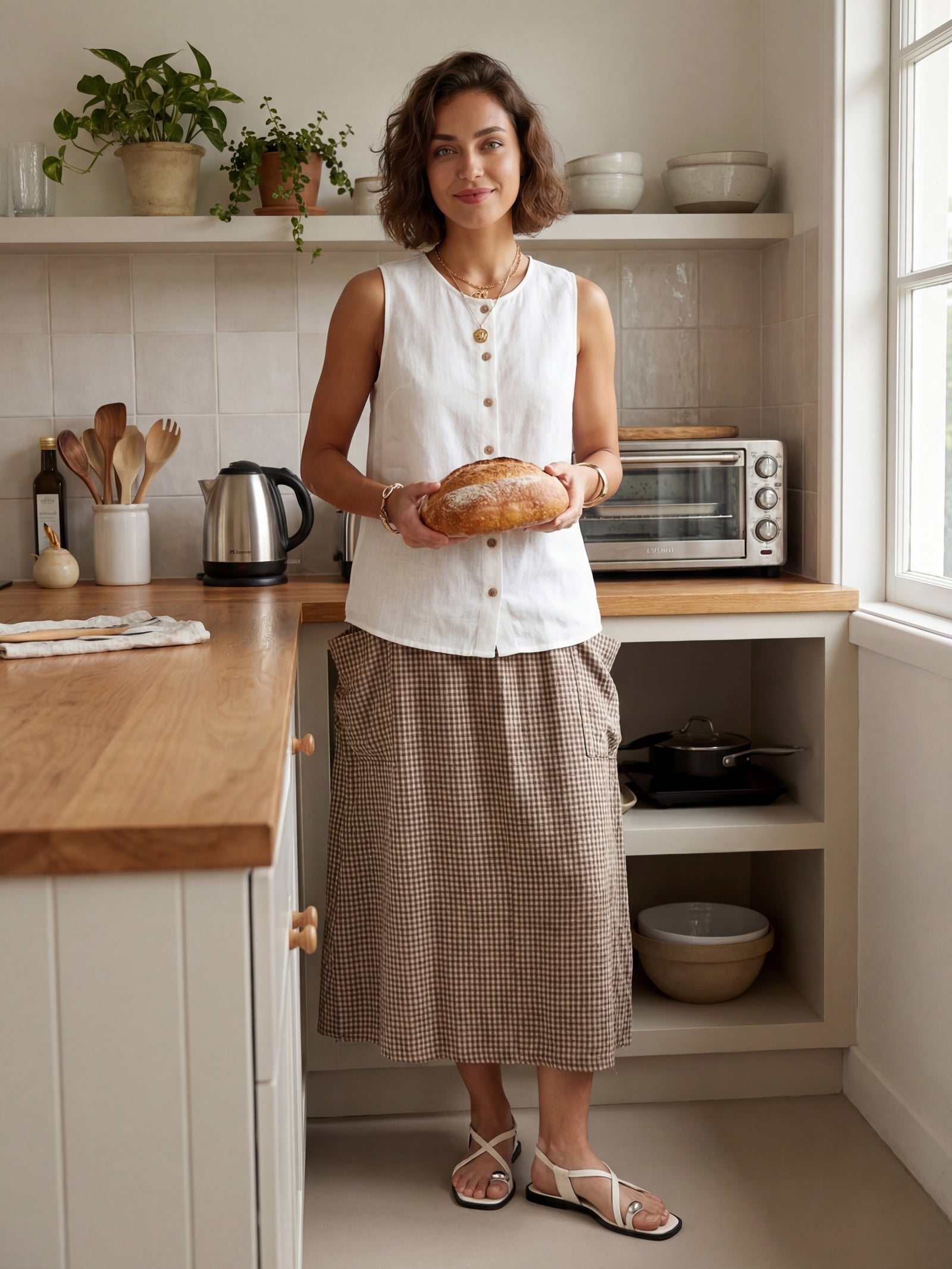 Linen Checked Elastic Waist Skirt MARINA