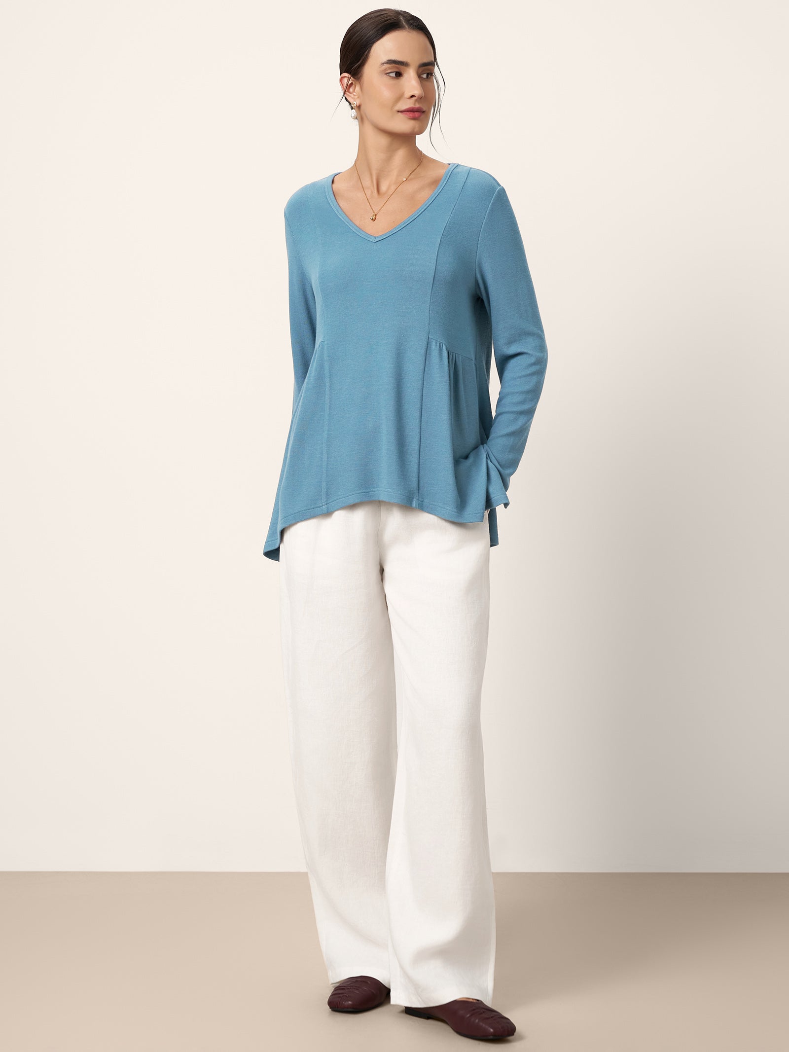 Wool-Blend Sweetheart Pleated Long Sleeve Top AMBER
