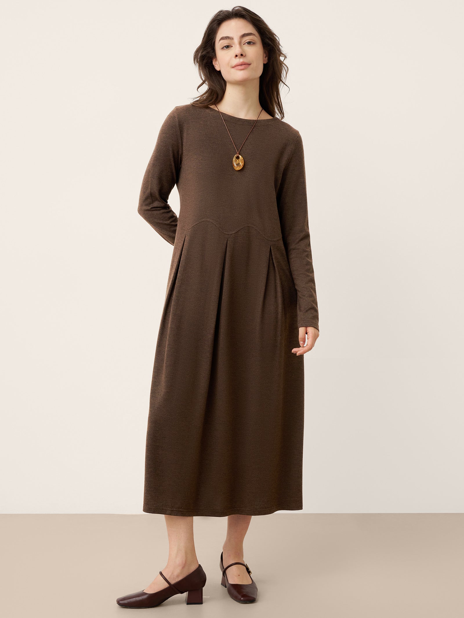 Wool Arc-Panel Sculpted Pleats Midi Dress CALISTA