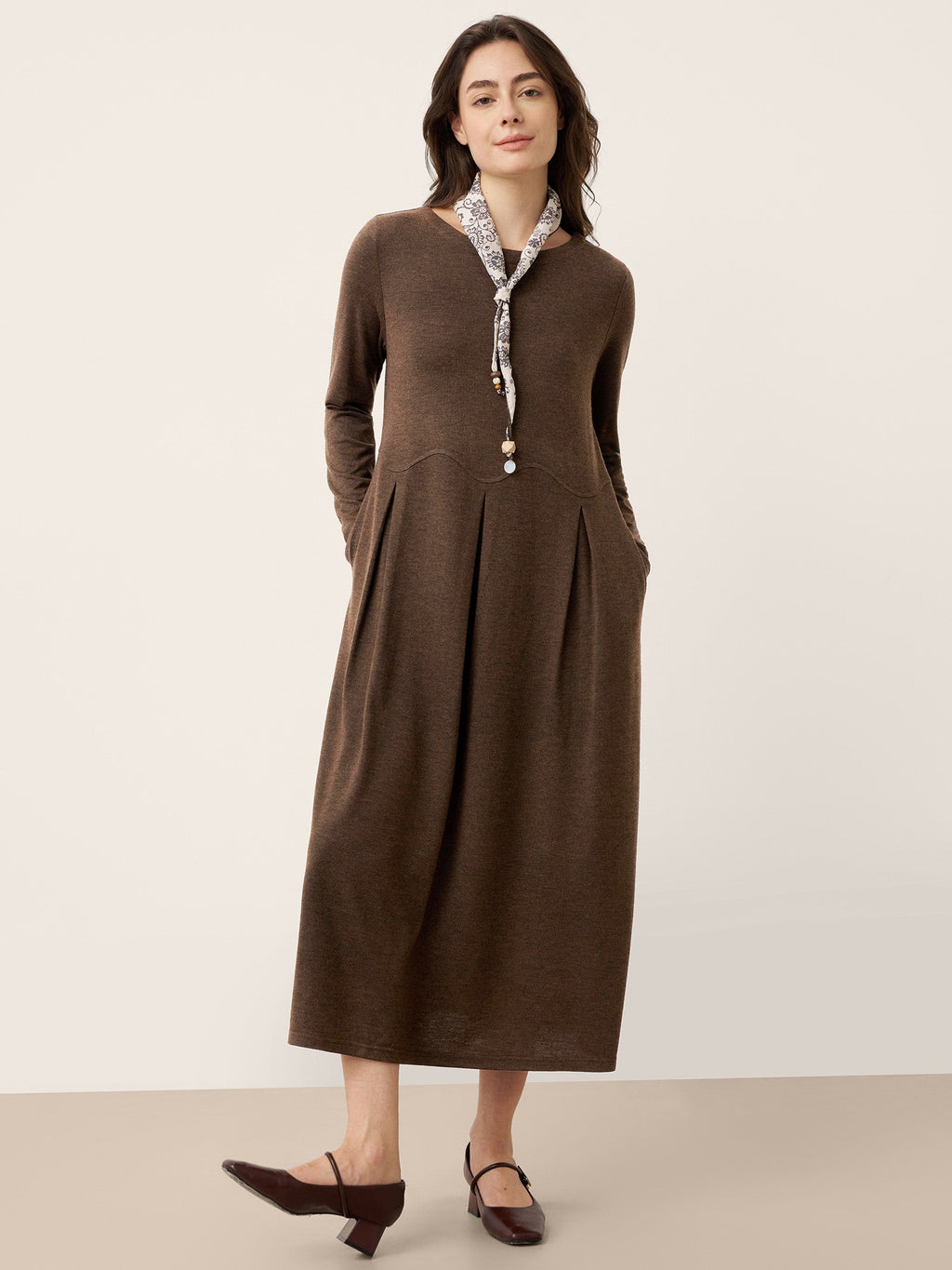 Wool Arc-Panel Sculpted Pleats Midi Dress CALISTA