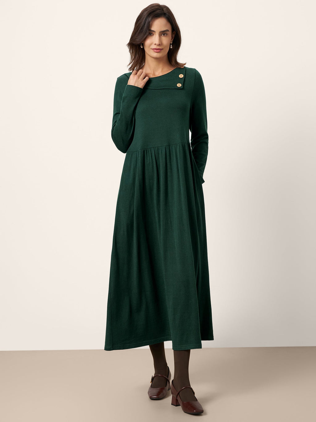 Wool Layered Neck Pleated Midi Dress BILLIE