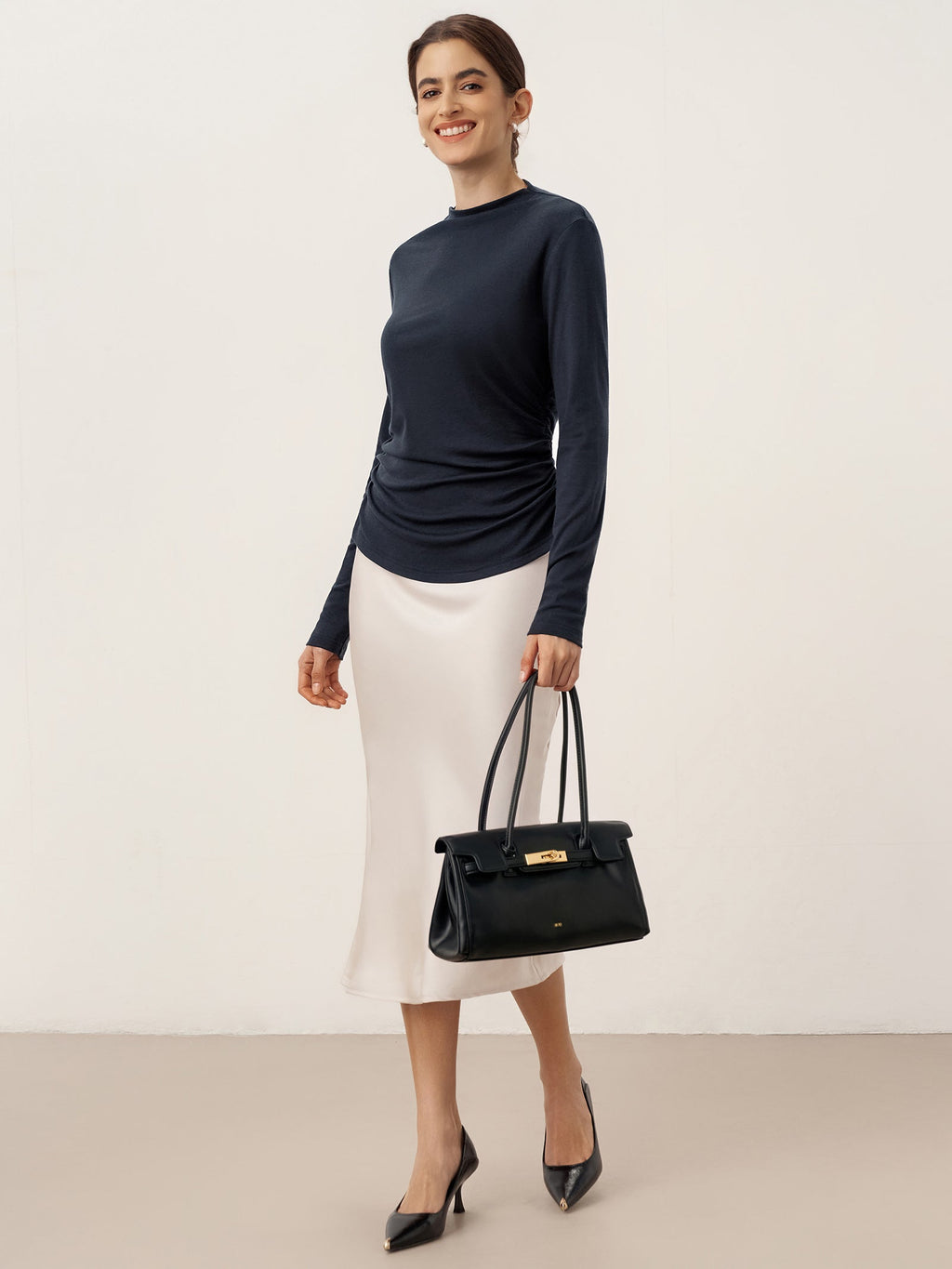 Wool Mock Neck Waist Pleat Top ISOLDE