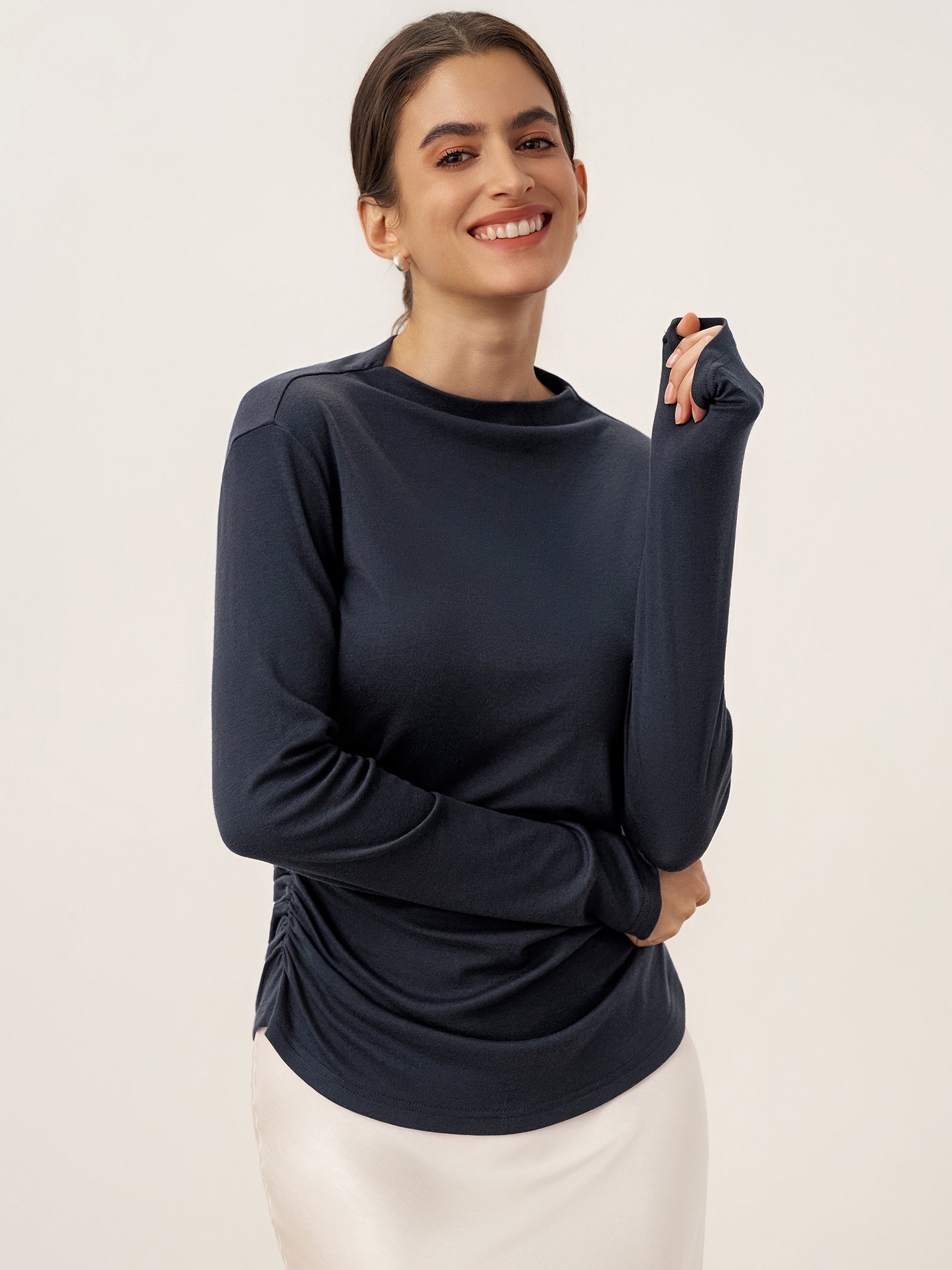 Wool Mock Neck Waist Pleat Top ISOLDE