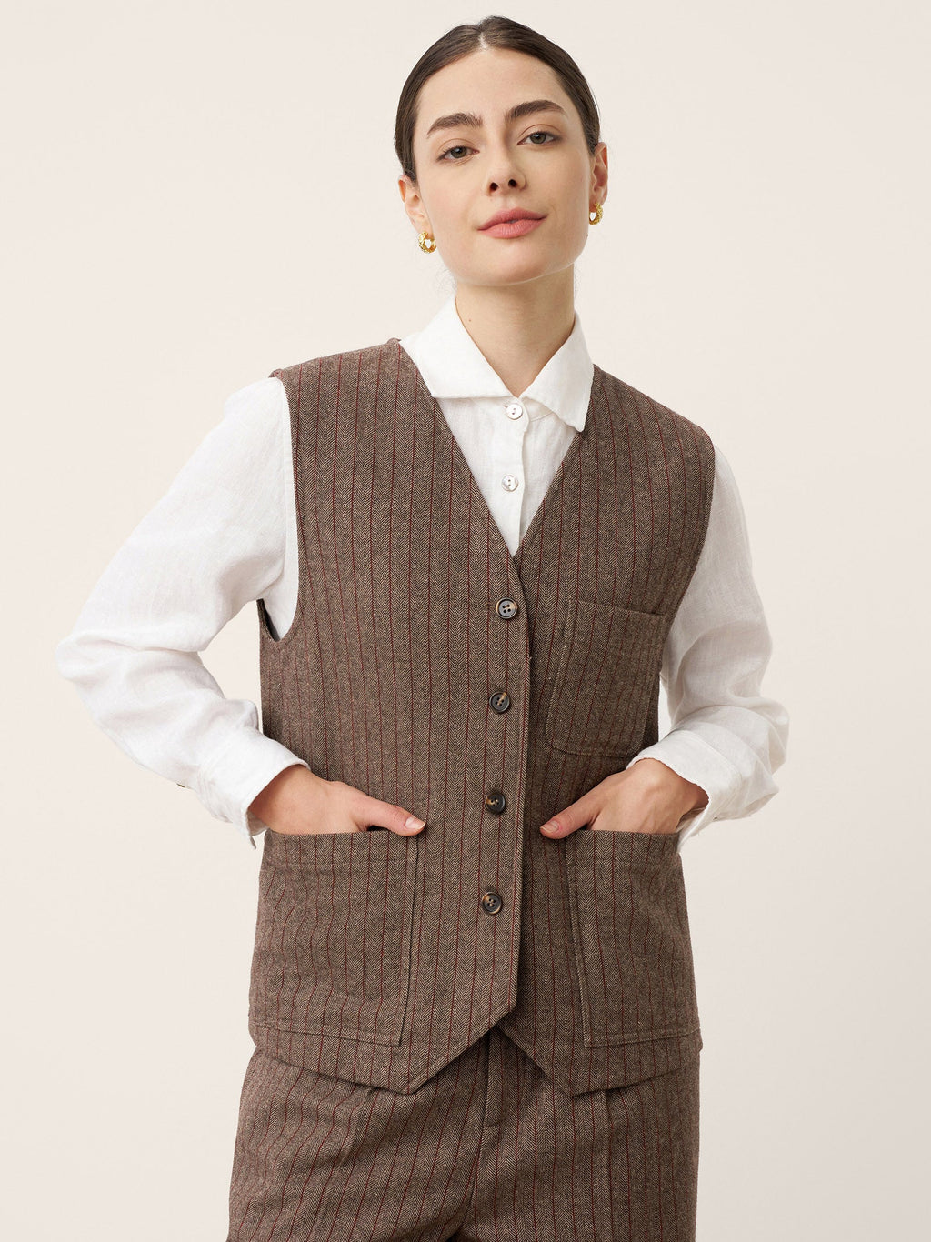 Wool Striped V-Neck Button-Detail Vest ELUNED