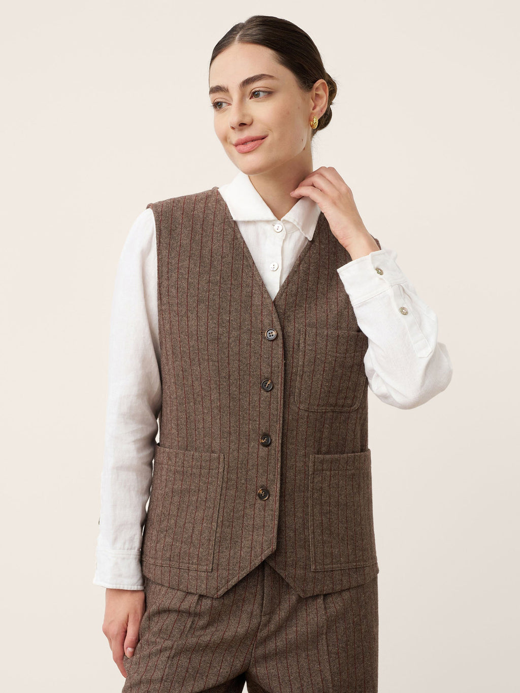 Wool Striped V-Neck Button-Detail Vest ELUNED