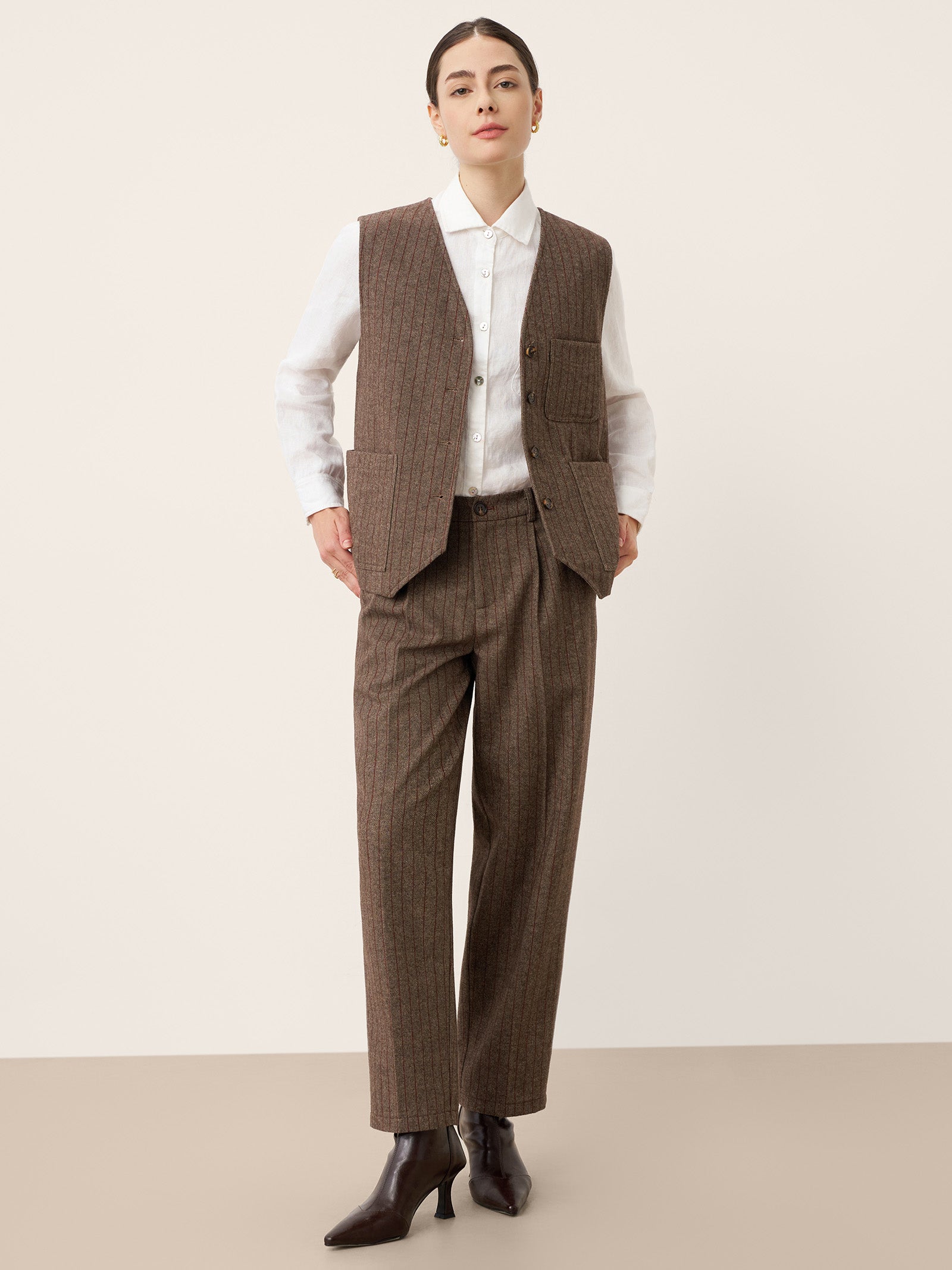 Wool Striped V-Neck Button-Detail Vest ELUNED