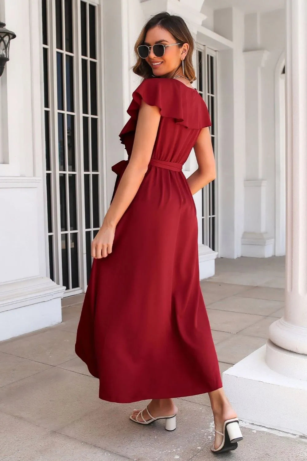 Tied Front Ruffled Short Sleeve Midi Dress