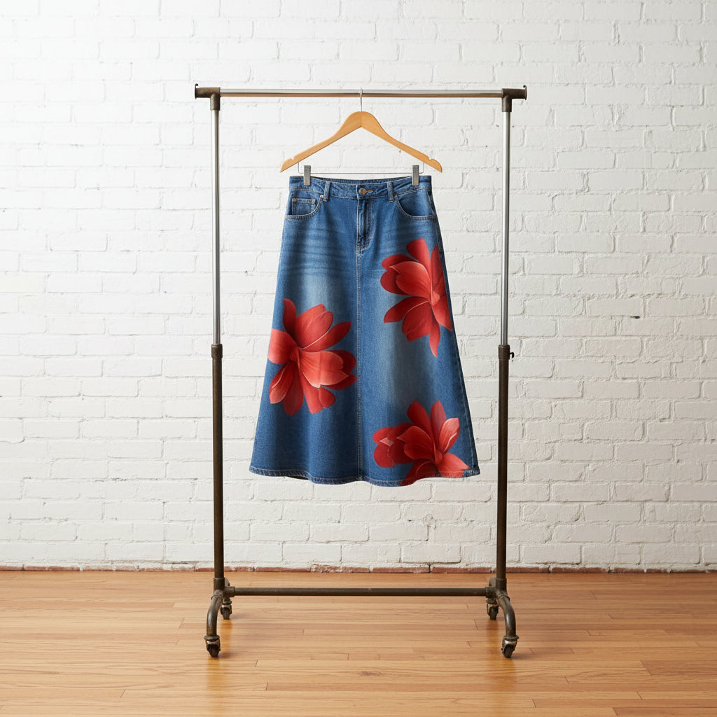 Women's Floral Print A-Line Midi Skirt – Denim-Style Boho Skirt