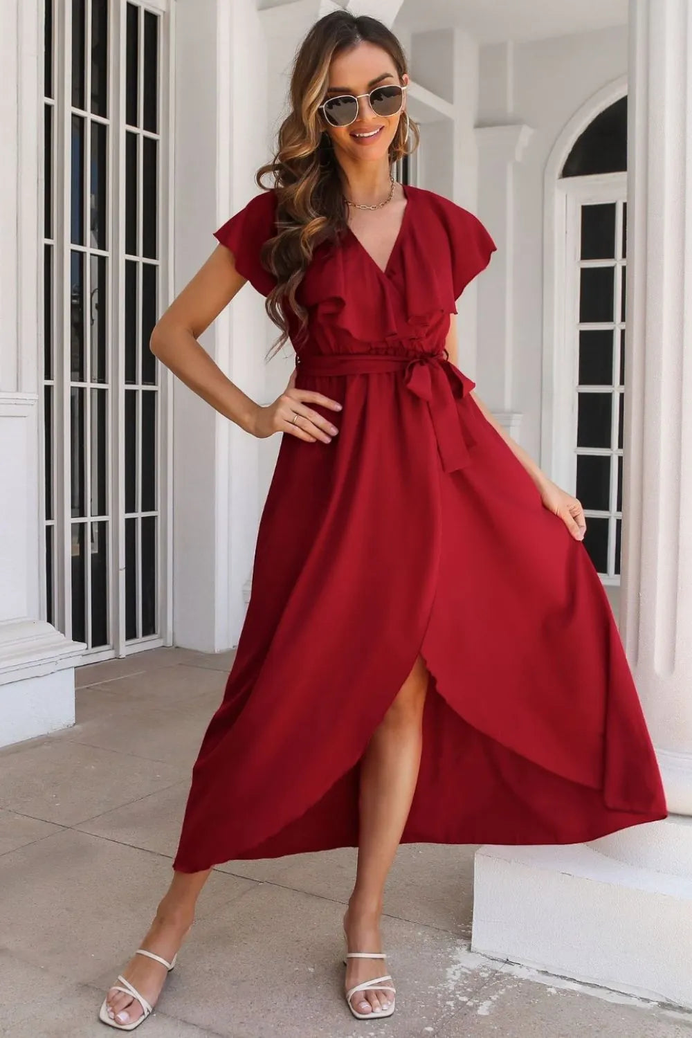 Tied Front Ruffled Short Sleeve Midi Dress