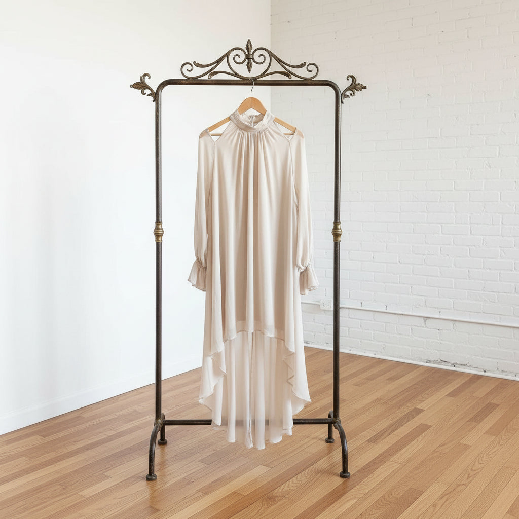 High Neck Asymmetric Maxi Chiffon Dress – Loose Fit Long Sleeve