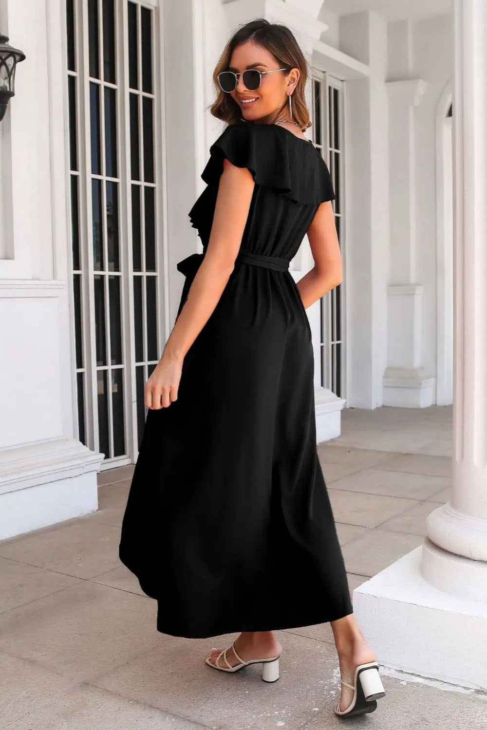Tied Front Ruffled Short Sleeve Midi Dress