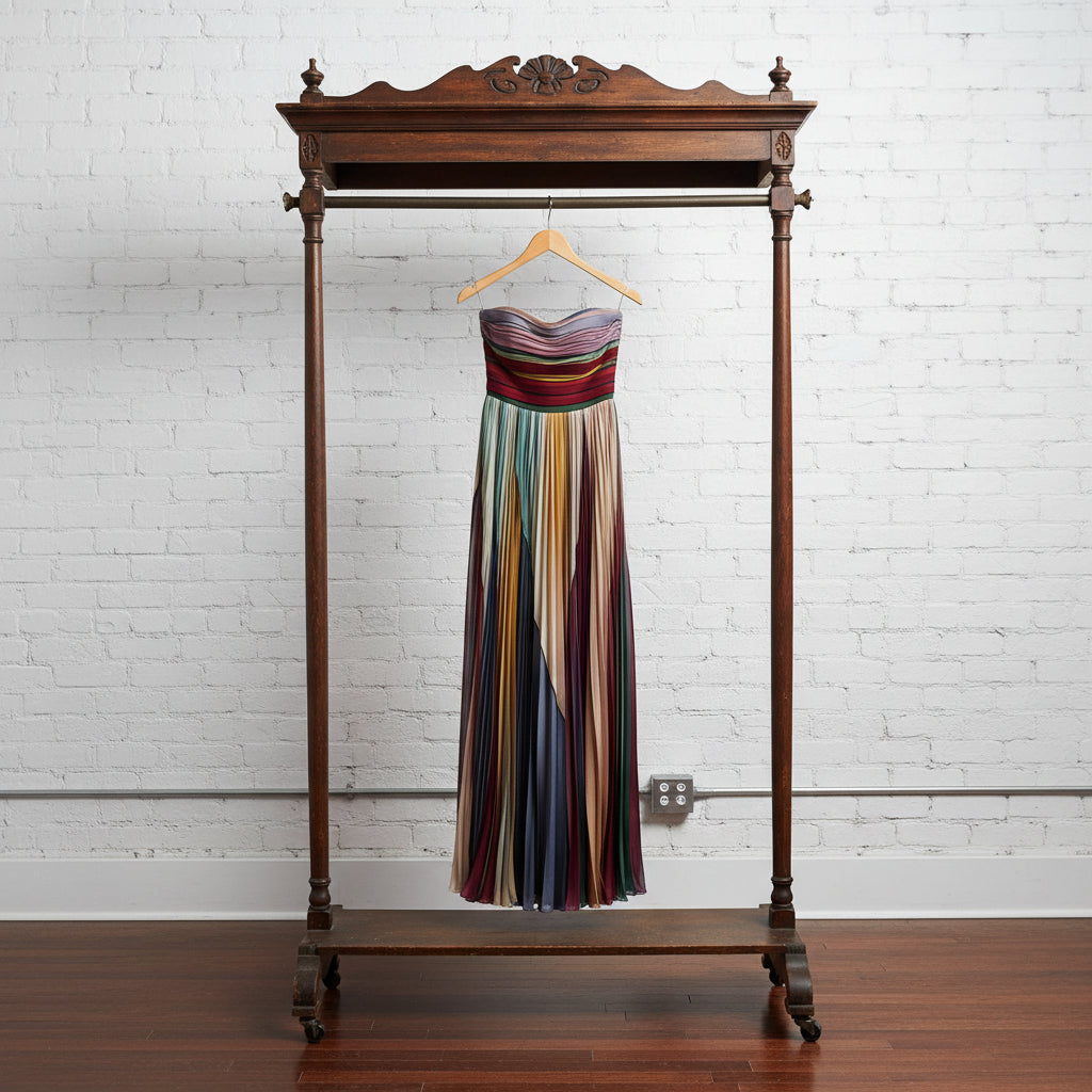Striped Pleated Strapless Maxi Dress