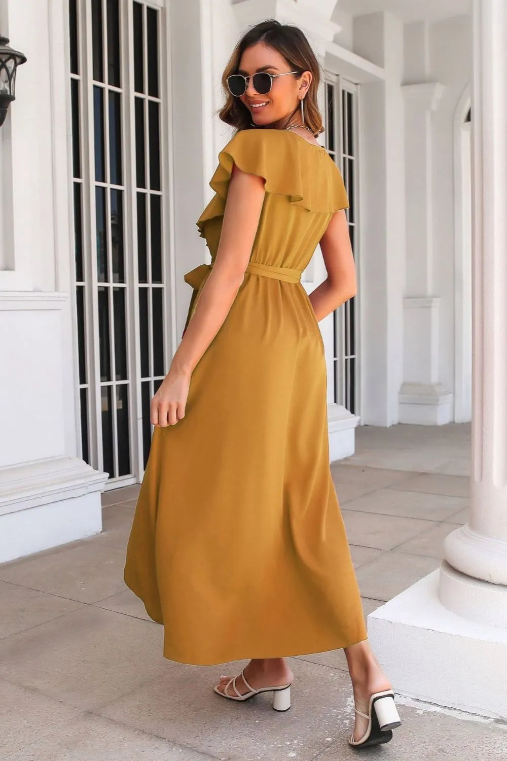Tied Front Ruffled Short Sleeve Midi Dress