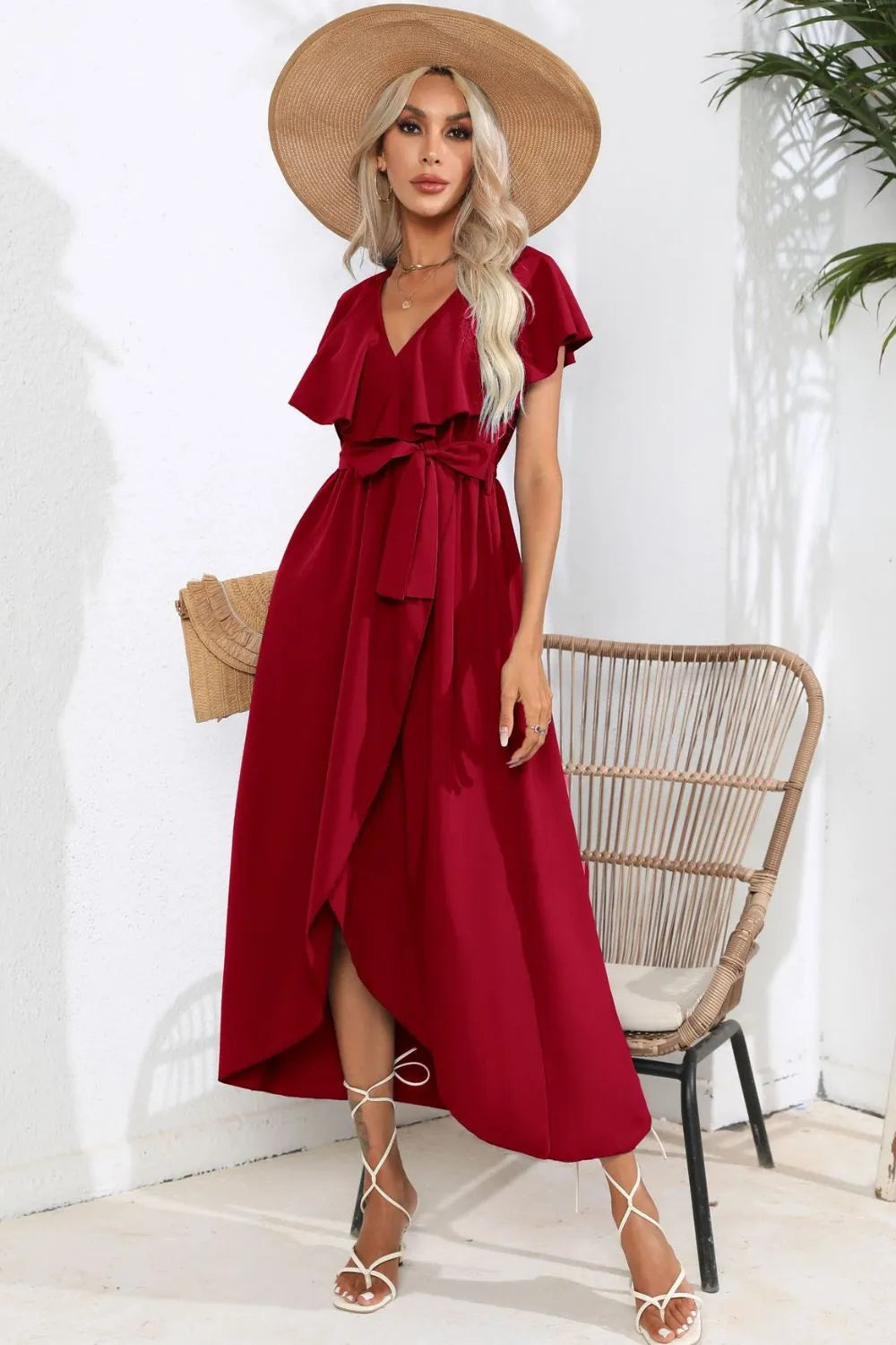 Tied Front Ruffled Short Sleeve Midi Dress