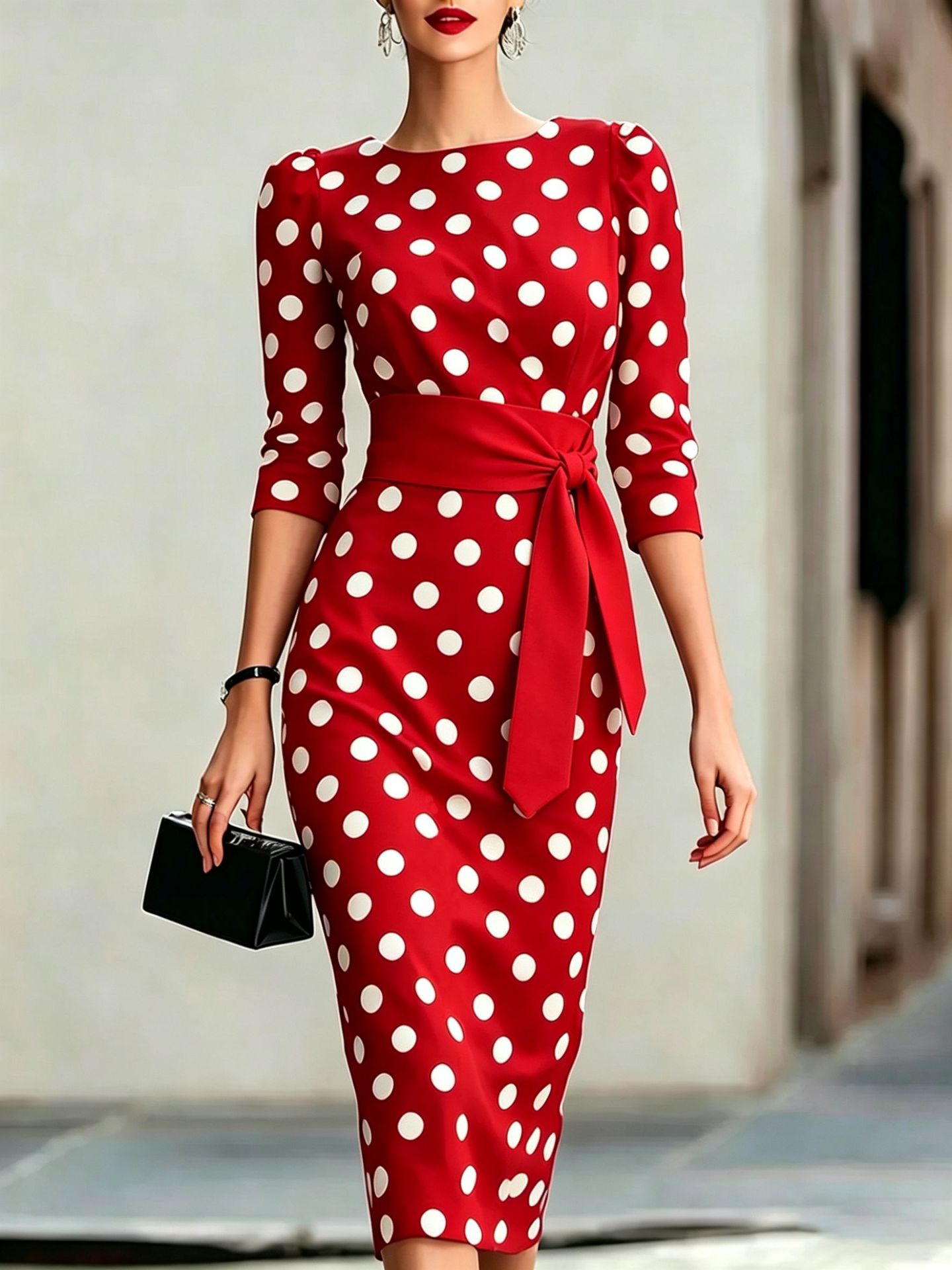 Women's Retro Polka-Dot Bodycon Midi Dress – Belted Cross-Tie