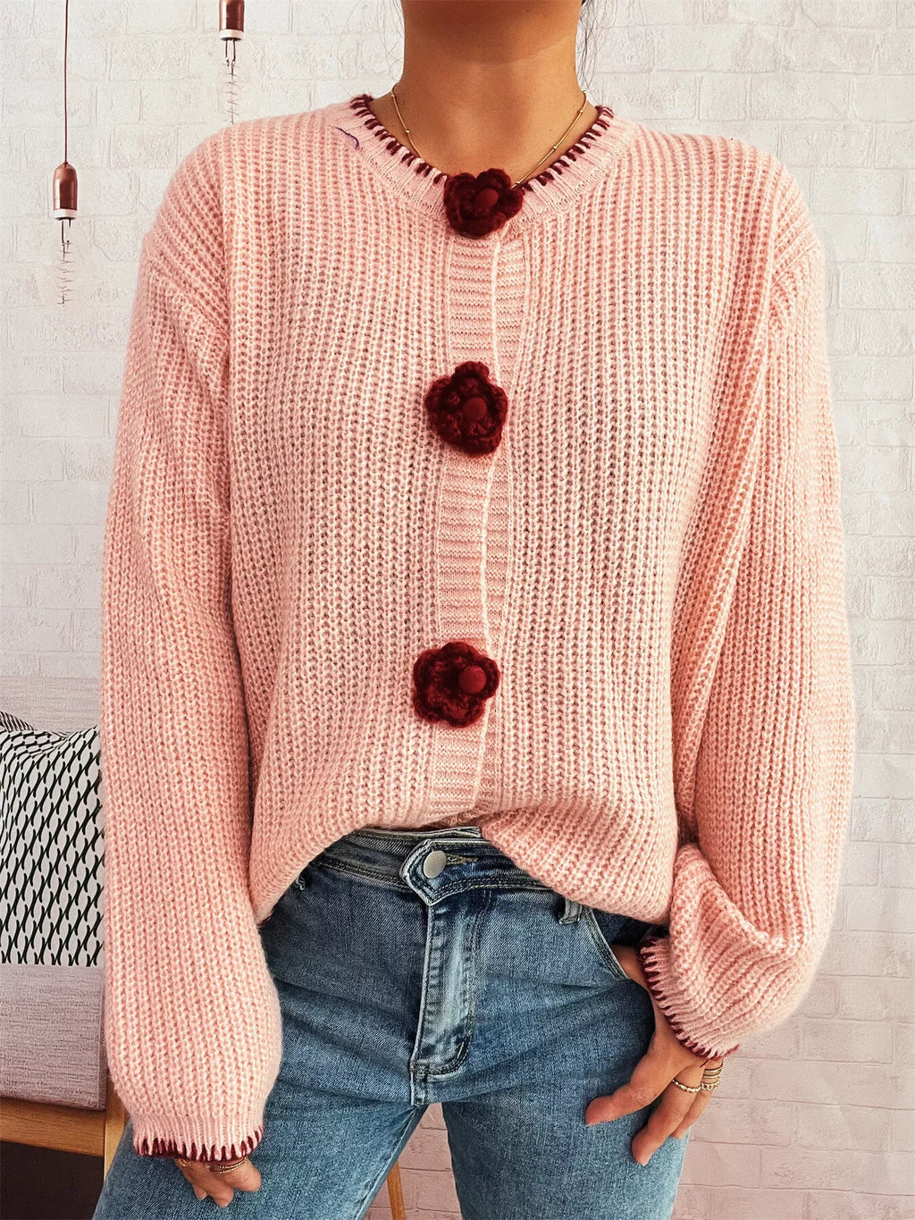 Flower Button Long Sleeve Cardigan
