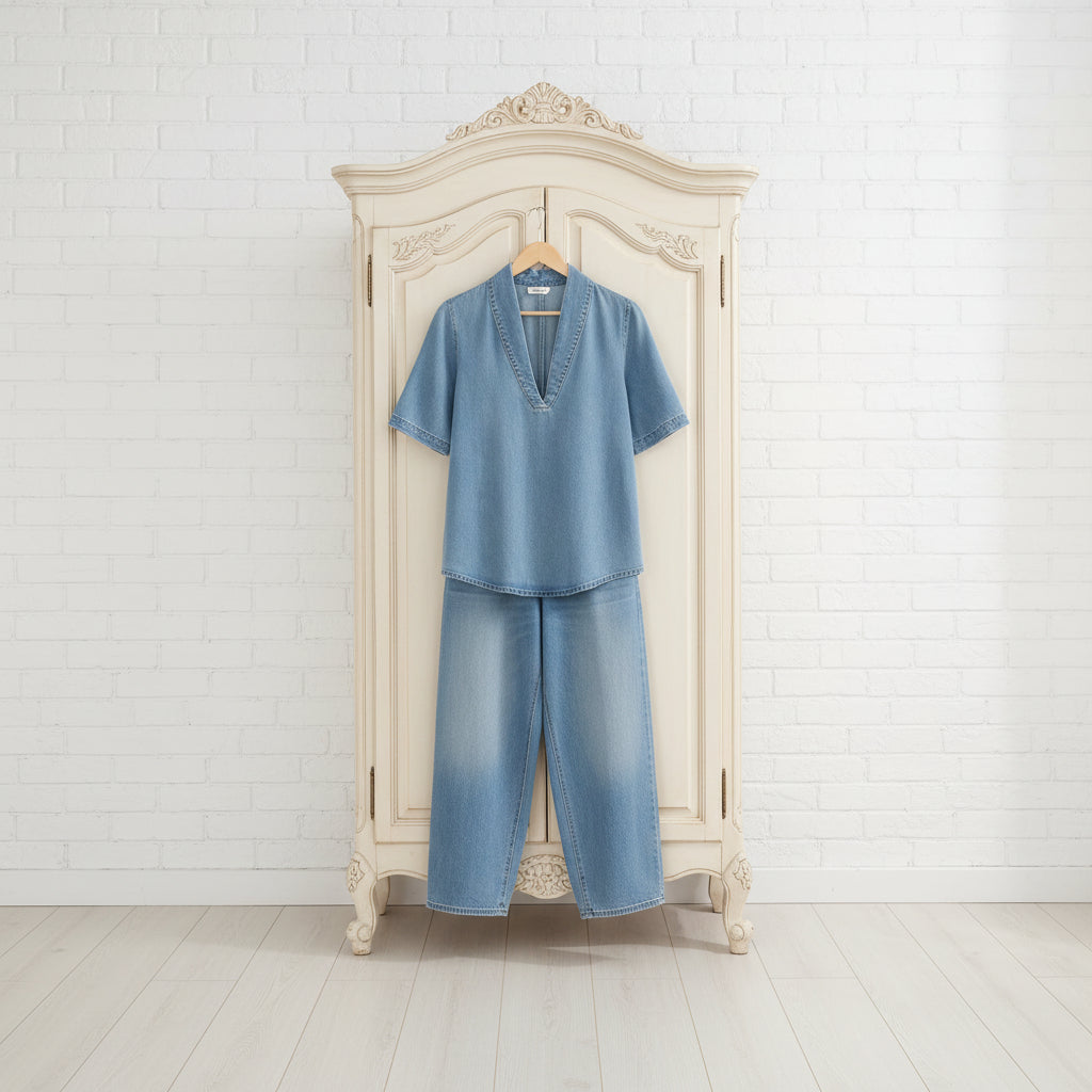 Retro V-Neck Washed Denim Top & Wide-Leg Pants Set – 3 Colors, S–3XL