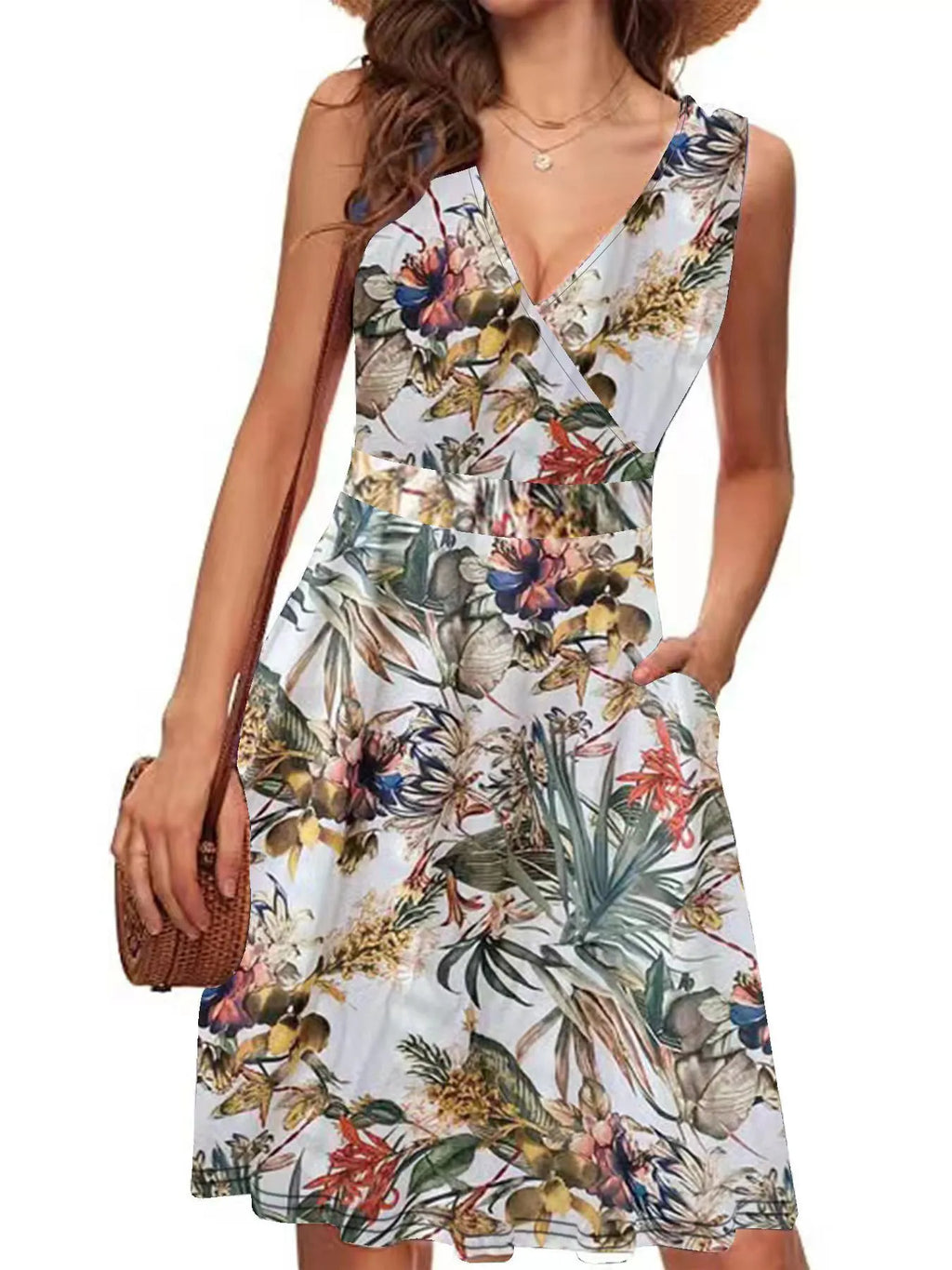 Printed Surplice Sleeveless Dress