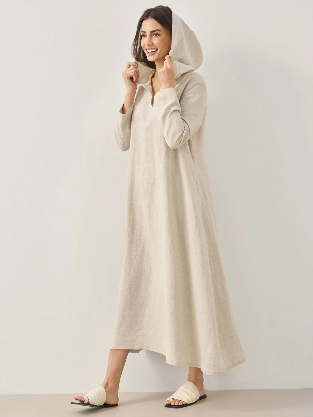 100% Linen Hooded Pullover Midi Dress REBECCA