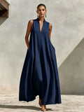 Linen Blend Sleeveless Stand-Collar Maxi Dress – 5 Colors S–3XL