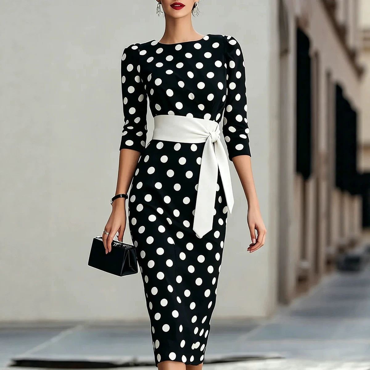 Women's Retro Polka-Dot Bodycon Midi Dress – Belted Cross-Tie