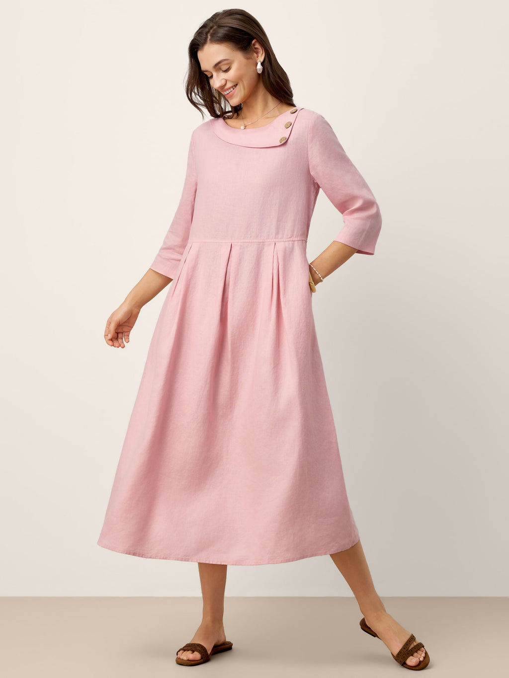 100% Linen Crescent Neck Decorative Button Waist Pleated Midi Dress GWENYTH