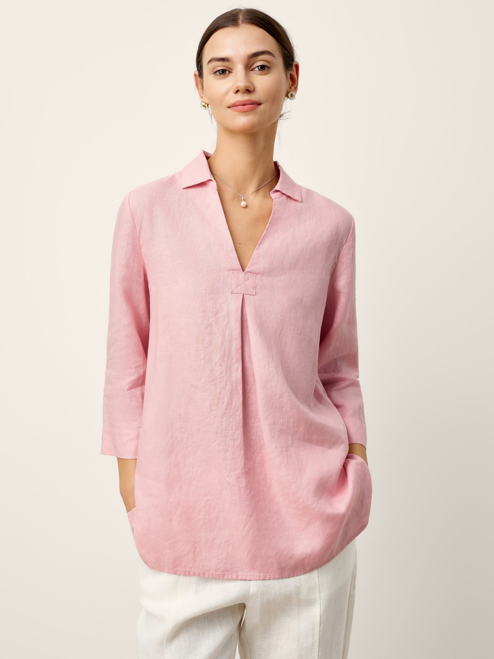 100% Linen Layered Lapel V-neck Sculpted Front Pleat Longline Top ODALYS