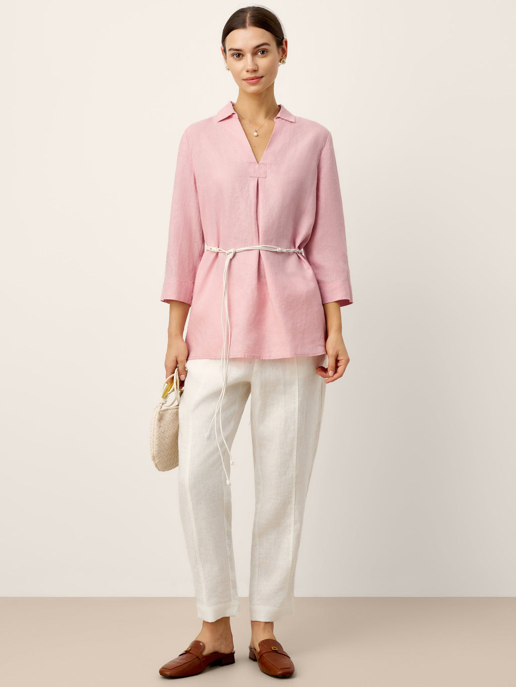 100% Linen Layered Lapel V-neck Sculpted Front Pleat Longline Top ODALYS