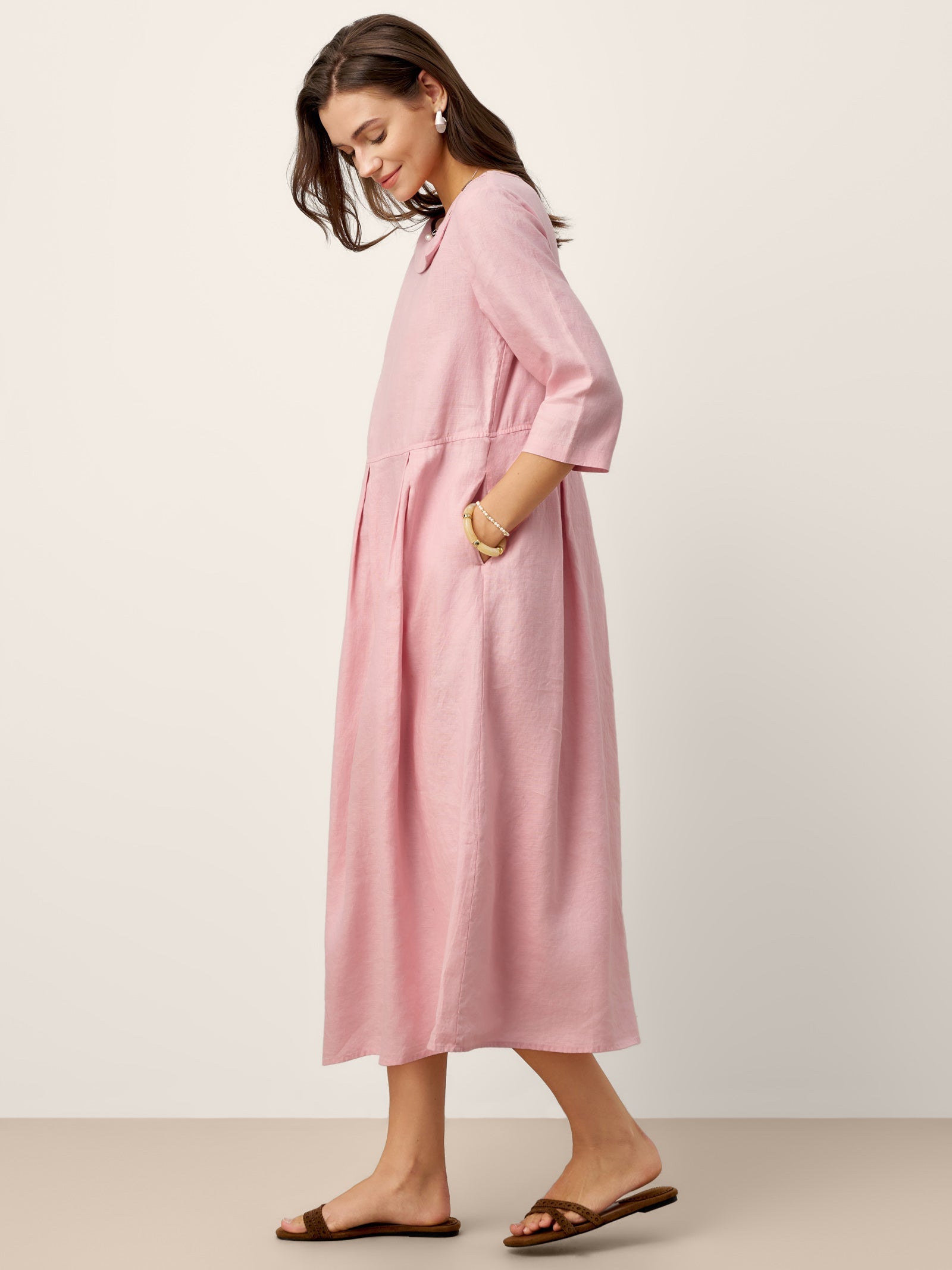 100% Linen Crescent Neck Decorative Button Waist Pleated Midi Dress GWENYTH