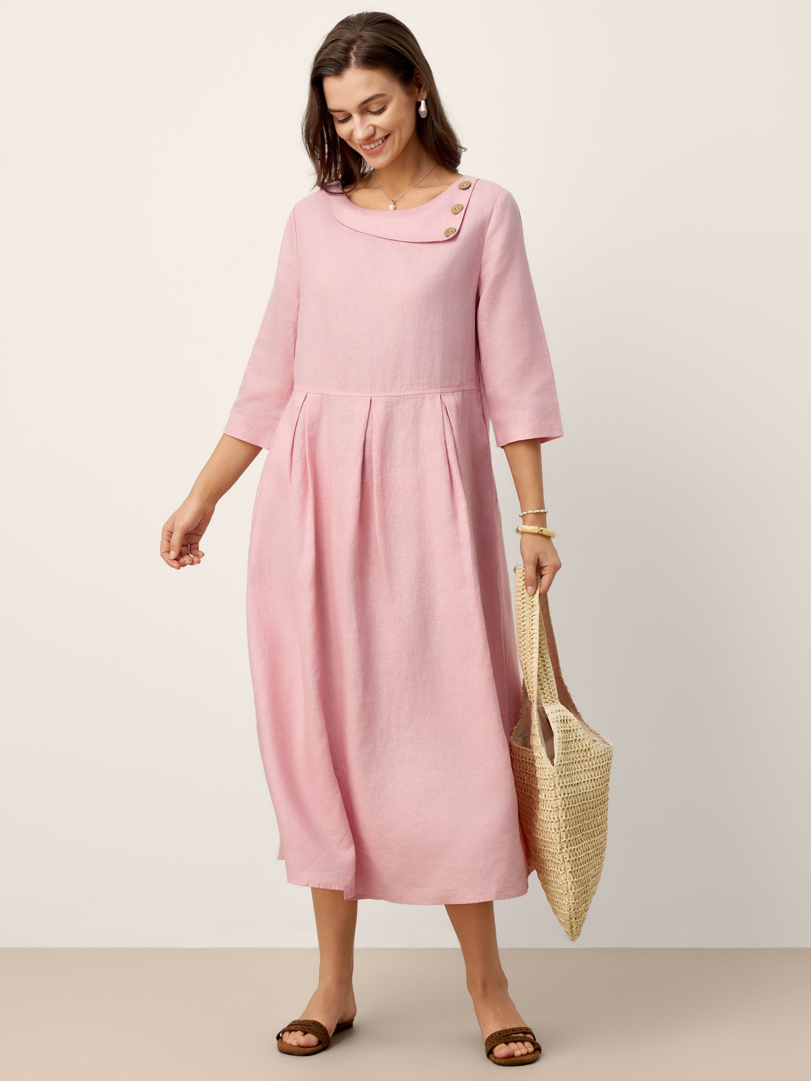 100% Linen Crescent Neck Decorative Button Waist Pleated Midi Dress GWENYTH