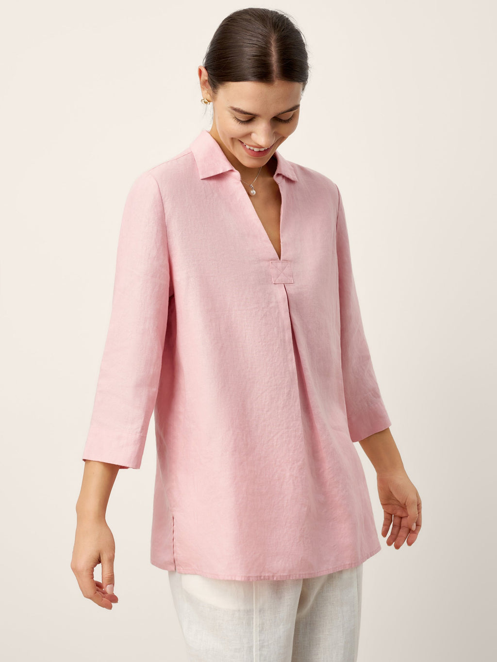 100% Linen Layered Lapel V-neck Sculpted Front Pleat Longline Top ODALYS