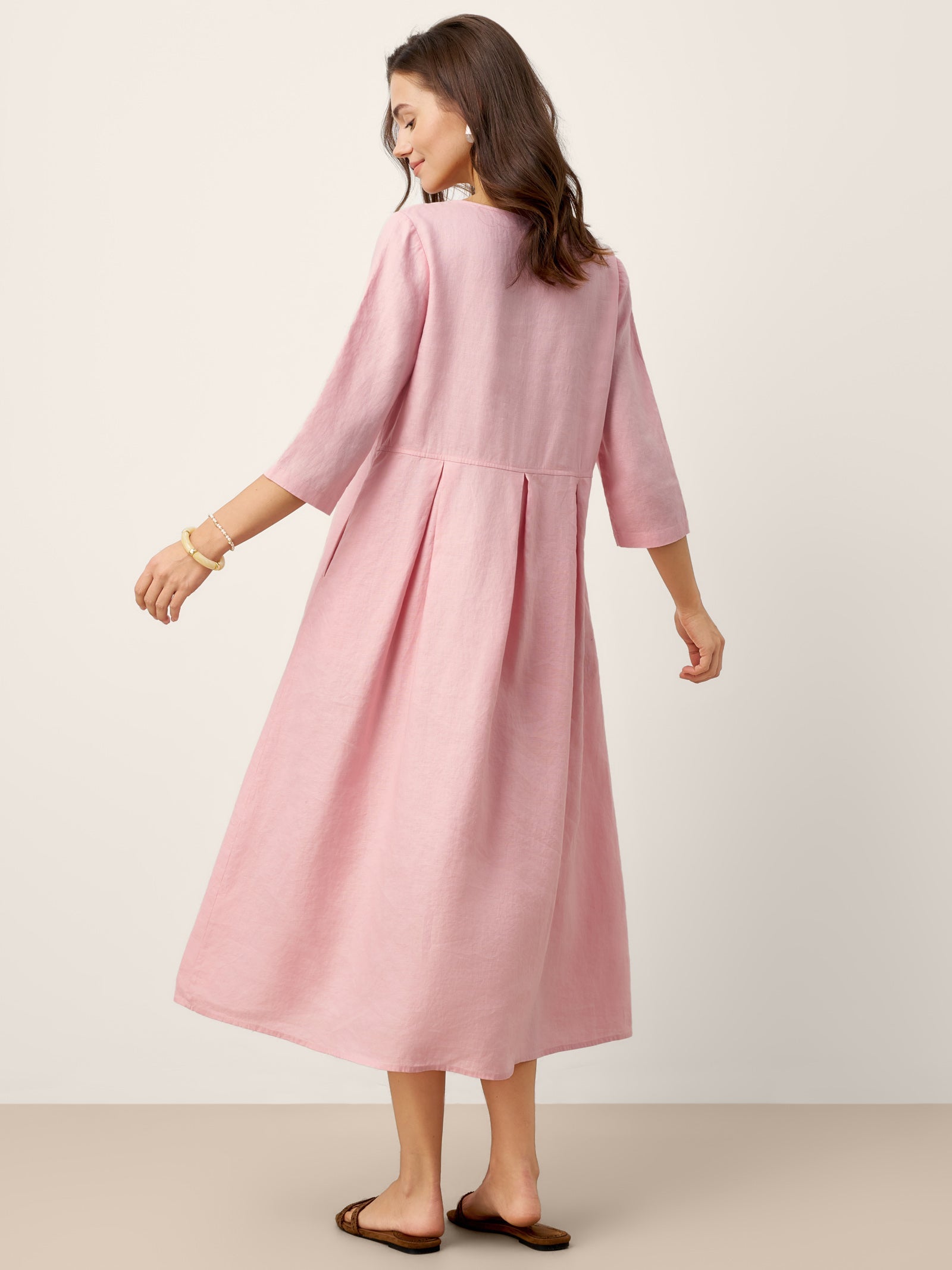100% Linen Crescent Neck Decorative Button Waist Pleated Midi Dress GWENYTH